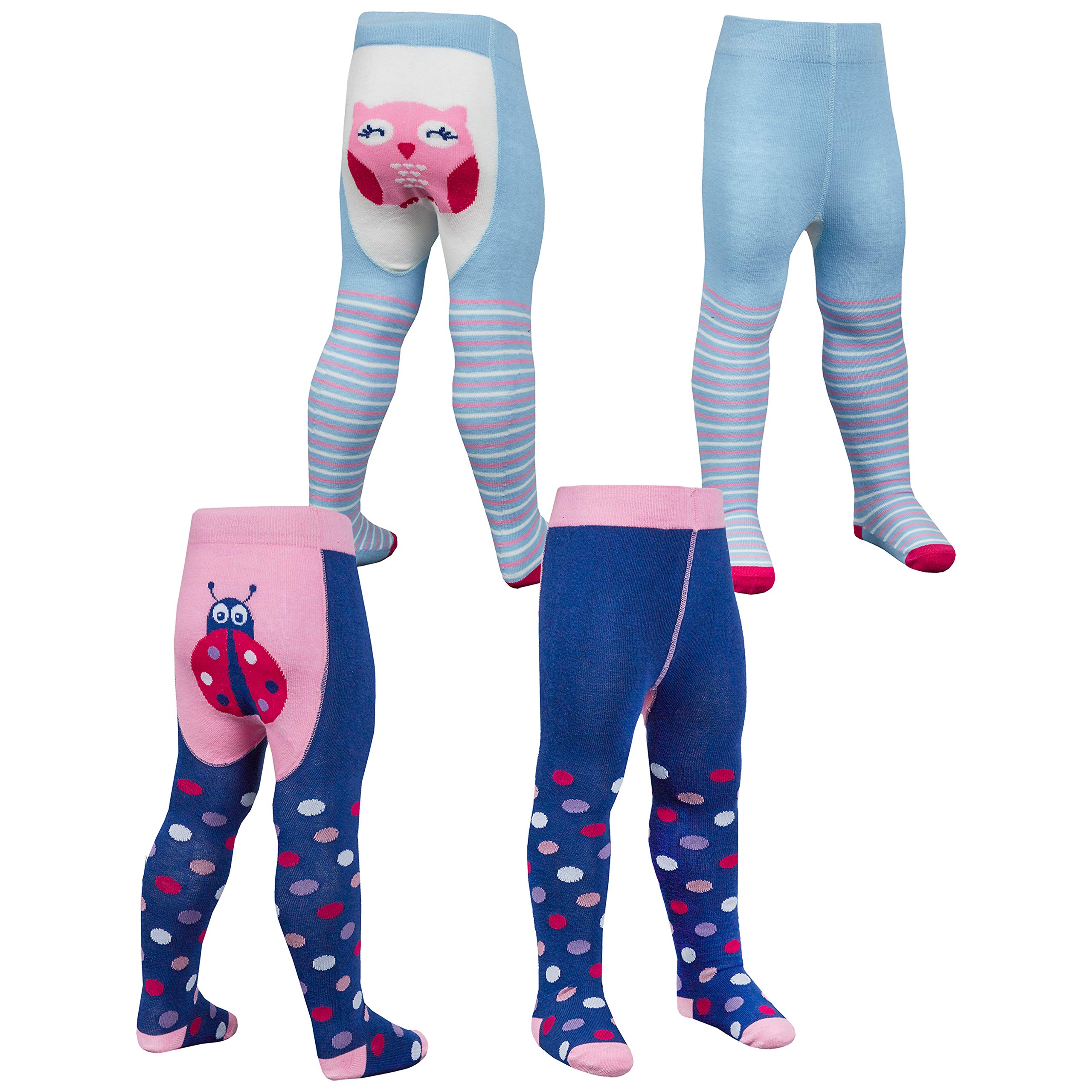 Metzuyan Women's 2 Pairs - Owl & Ladybird Babies 1Pr Patch Panel Tights W/Grippers Unicorn + Owl & Ladybird