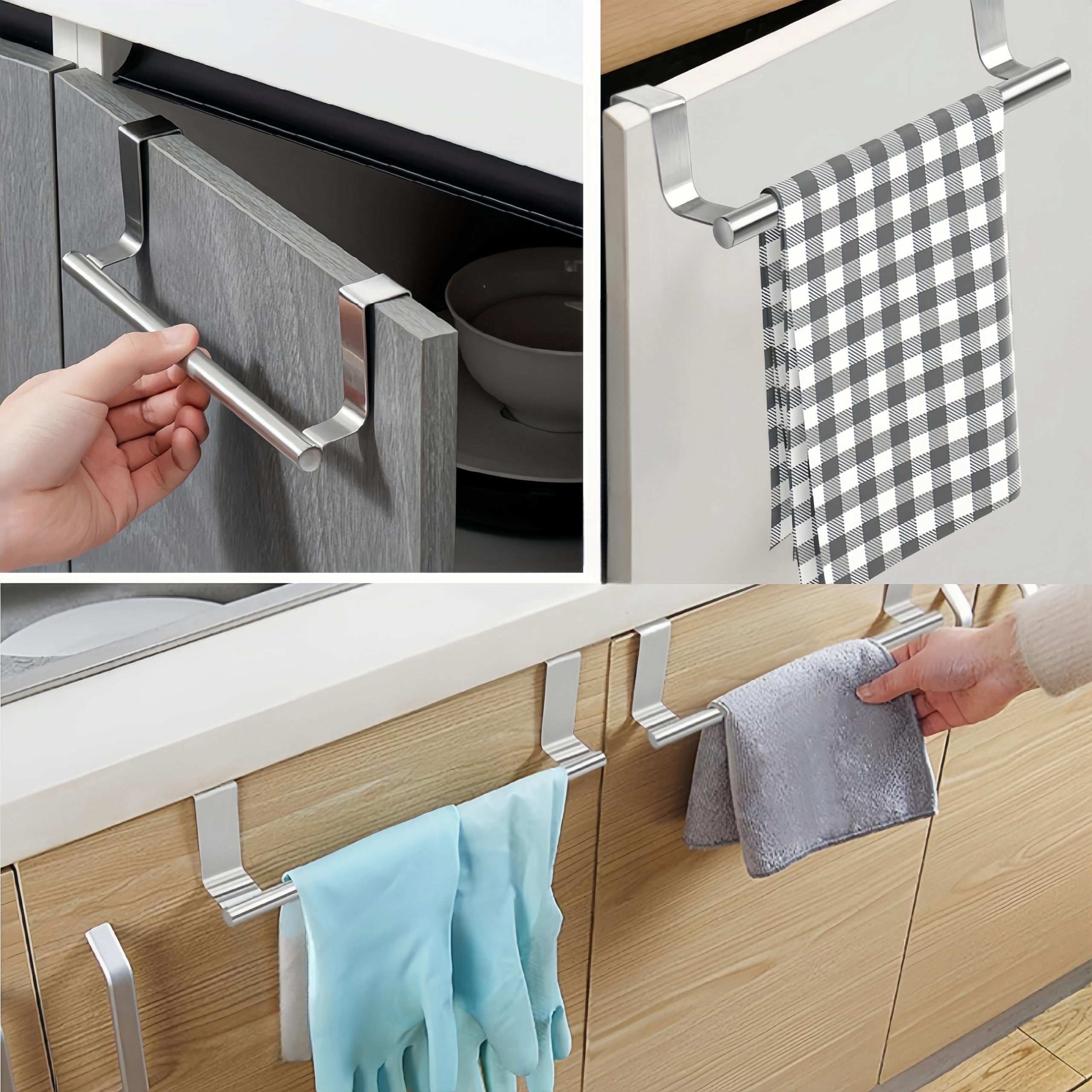 2 Pezzi Porta Asciugamani da Appendere Alle Anta,Porta Strofinacci con Strisce Antigraffio, Appendini Strofinacci Cucina Senza Forare, Acciaio inossidabile, Argento,per Cucina e Bagno