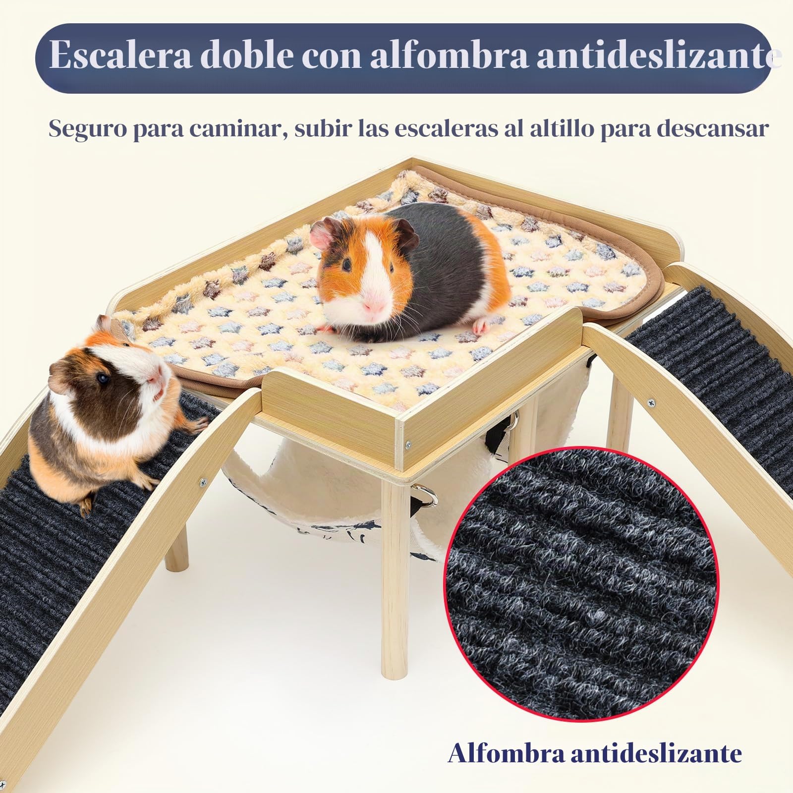 Casa para Cobaya con 2 Rampa y Hamaca, Juguete para Cobayas Accesorios, Hábitats de Animales Pequeños, Madera Casita para Conejo para Jerbos Degus Ratones Espinosos