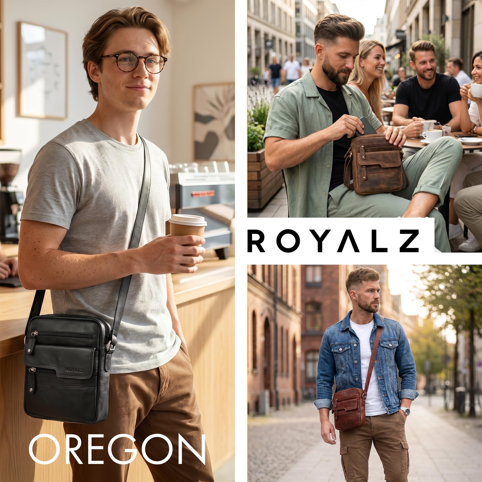 ROYALZ "Oregon Sac Bandoulière Homme Cuir Petit – Sac Homme Cuir Véritable Vintage, Sacoche Homme Compacte, Sac Porté Croisé Homme, Sac Messenger Cuir