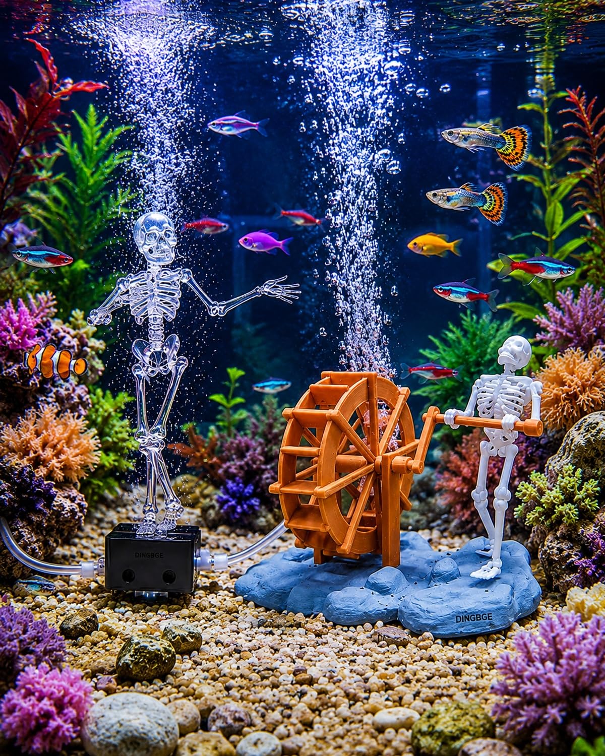 Funny Skeleton Water Wheel Aquarium Ornament Dancing Air Powered Bubbler