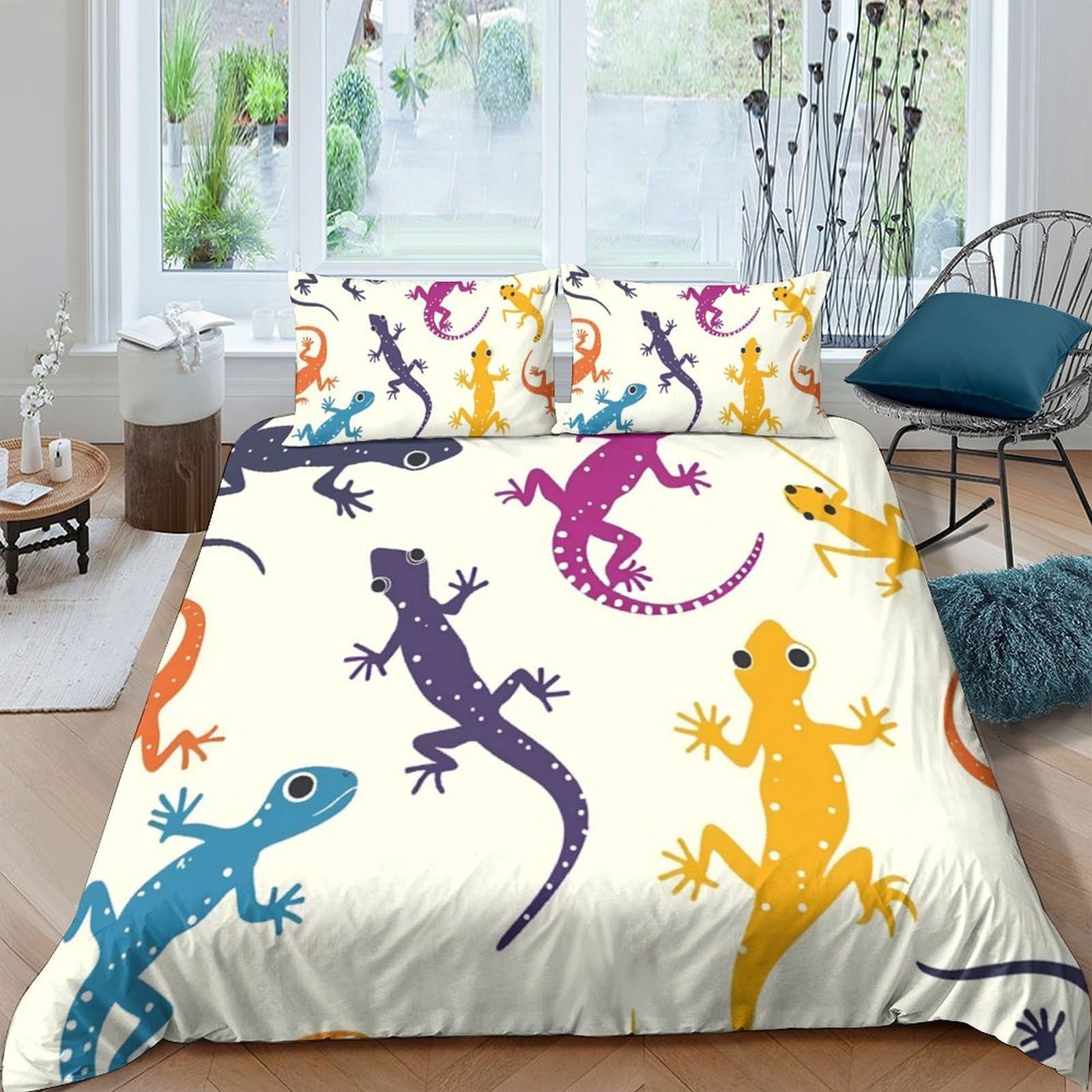 Ctjqhvkz Style-2 3D Printed Colorful Lizard Fitted Sheet Microfiber Soft Bedroom Decor Geometric Reptile Mattress Cover For Home Dorm Single（135X200cm）