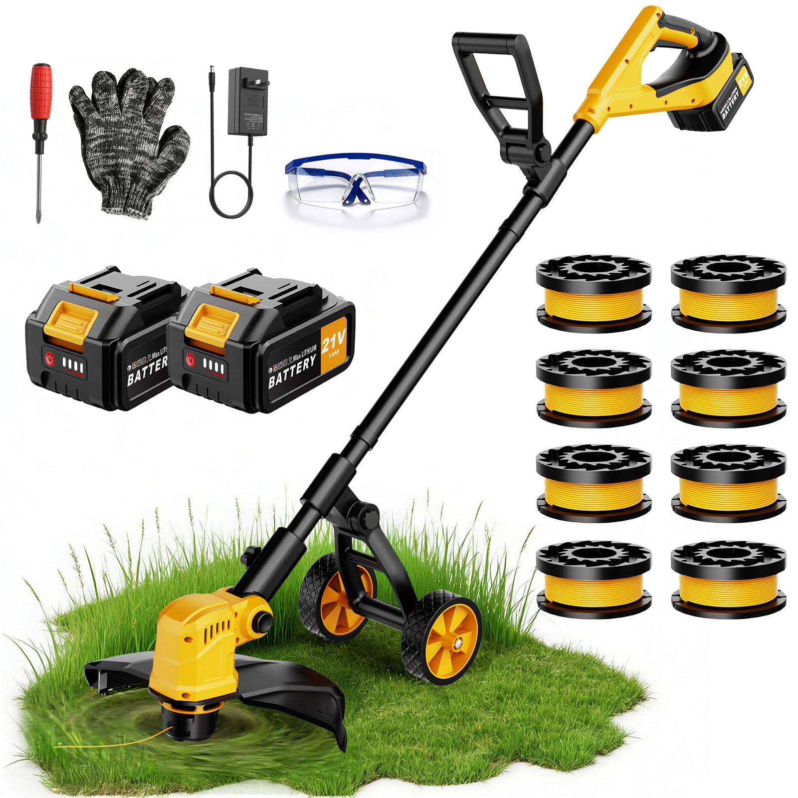 Desbrozadora Bateria con Ruedas, 21V Desbrozadora Electrica con 2 * 3.0 Ah Baterías, 800W Motor sin Escobillas, Ancho de Corte 36CM, Cortabordes Ligero 3 en 1 con 8 Bobinas de Recambio para Jardín