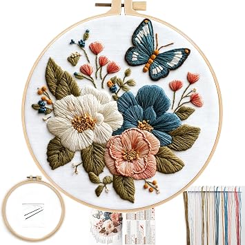 FONNUY Boho Floral Embroidery Kit, Pre-Stamped Butterfly Frolicking in Blooms Patterns Kits for Adults and Beginners, Handmade DIY Crafts Set, Color Thread Needlework, 8 Hoop Blue A2