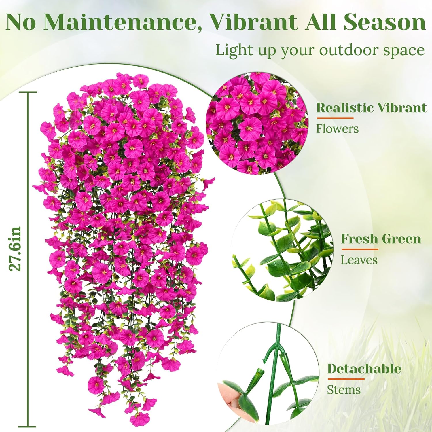 MARTINE MALL 4 Pcs Look Real Artificial Flowers for Outdoors, Realistic Artificial Hanging Flowers for Outdoors, UV Resistant Fake Hanging Plants Silk Petunia Faux Flowers for Porch Patio, Fuchsia - Image 4