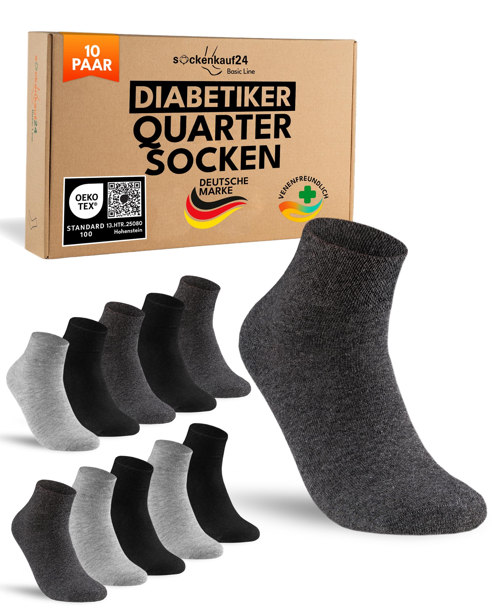 sockenkauf24 10 Paar kurze Diabetikersocken Damen ohne Gummibund & ohne Naht Quarter Diabetiker Socken Kurzschaft mit Komfortbund ohne Gummi (Schwarz/Grau 35-38)