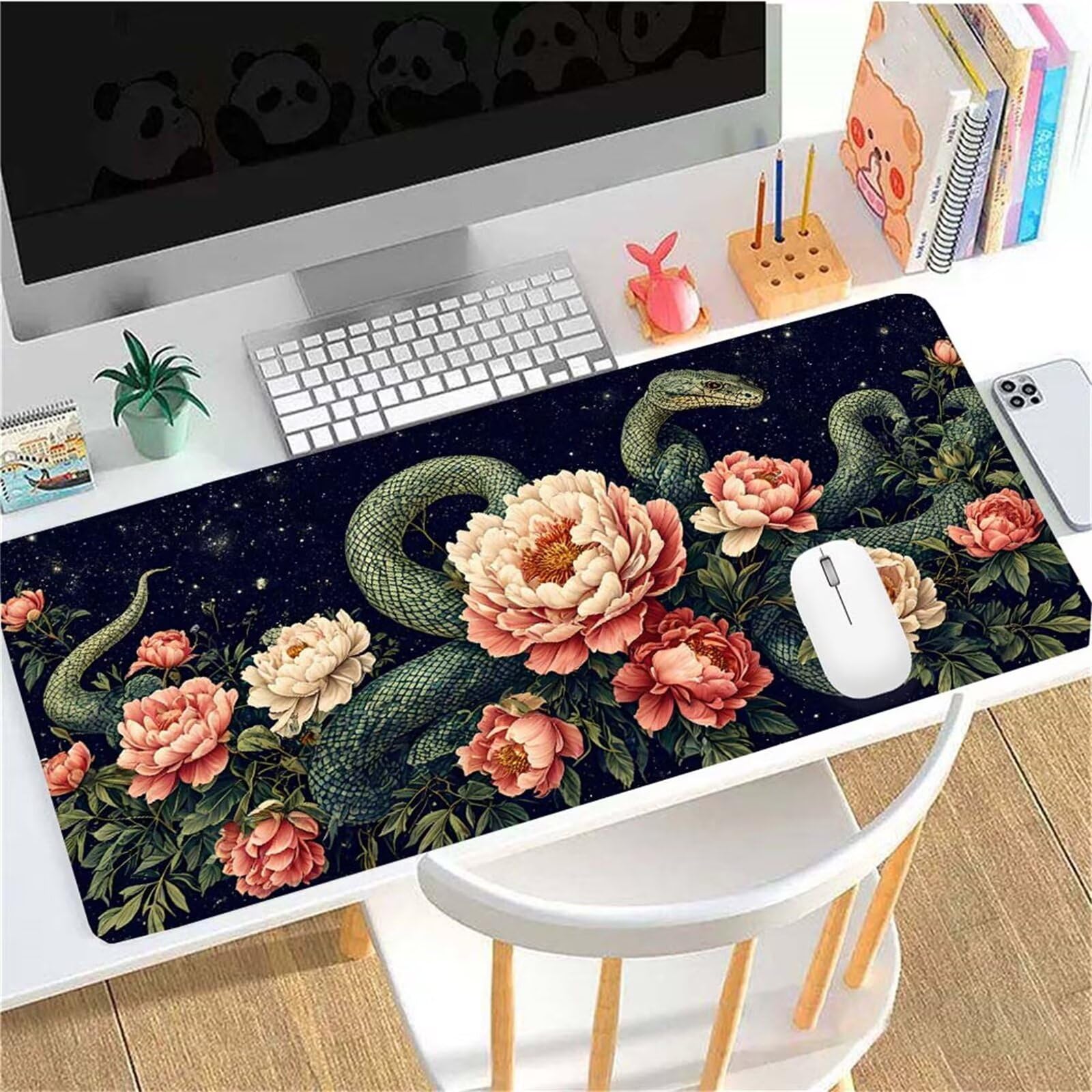 Alfombrilla Ratón Serpiente Flor Alfombrilla Ratón XXL 1400x600x3mm Mouse Pad Resiste Salpicaduras, Extendida de Gran Tamaño con Bordes Cosidos, Mejora la Precisión y la Velocidad,Antideslizante y-425