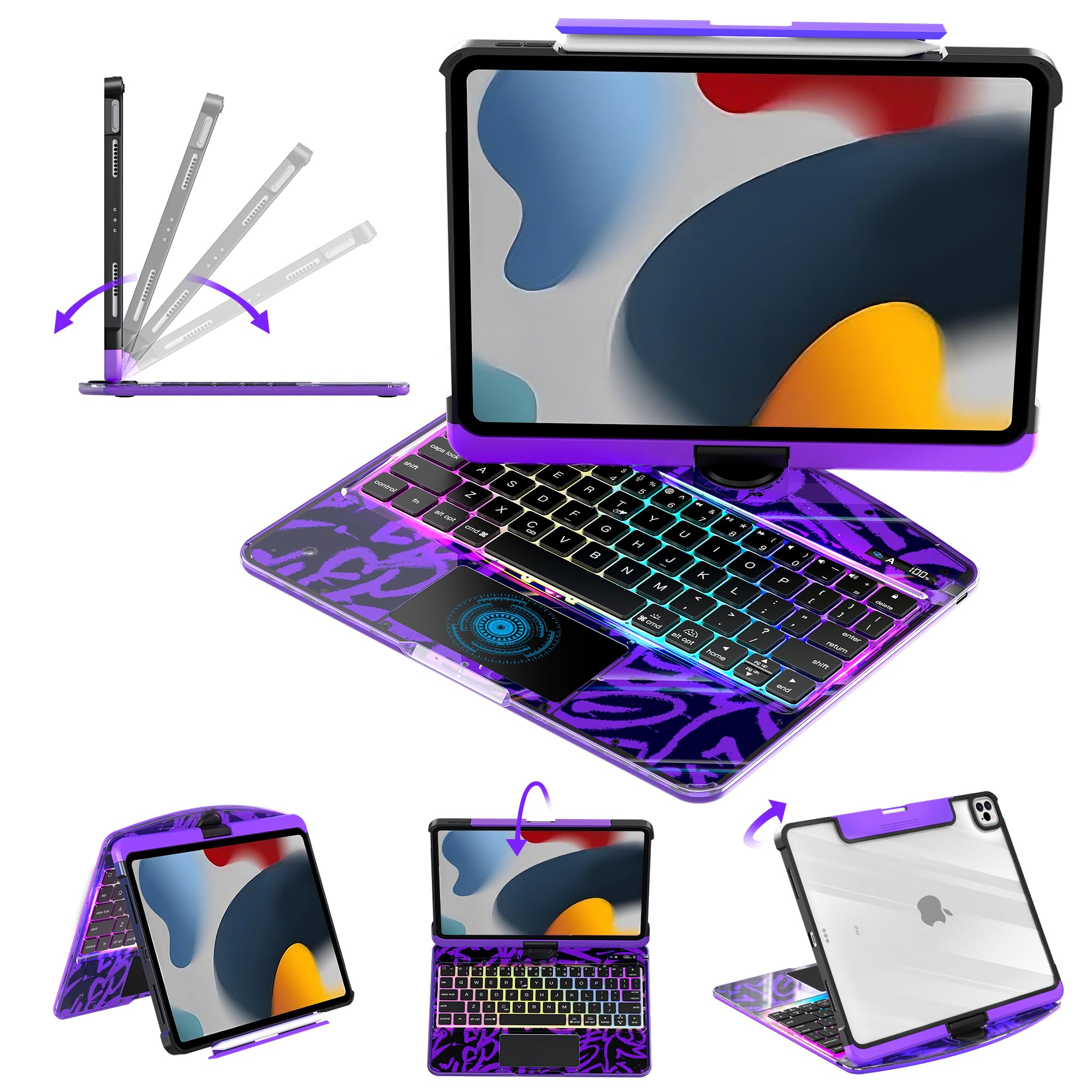 Clear Keyboard Case for iPad 10.2 inch 9th/8th/7th (2021/2020/2019) 360° Swivel Multi-Touch Trackpad,with Wireless Bluetooth 3-Brightness &amp;7-Color Backlit, Pencil Holder Purple