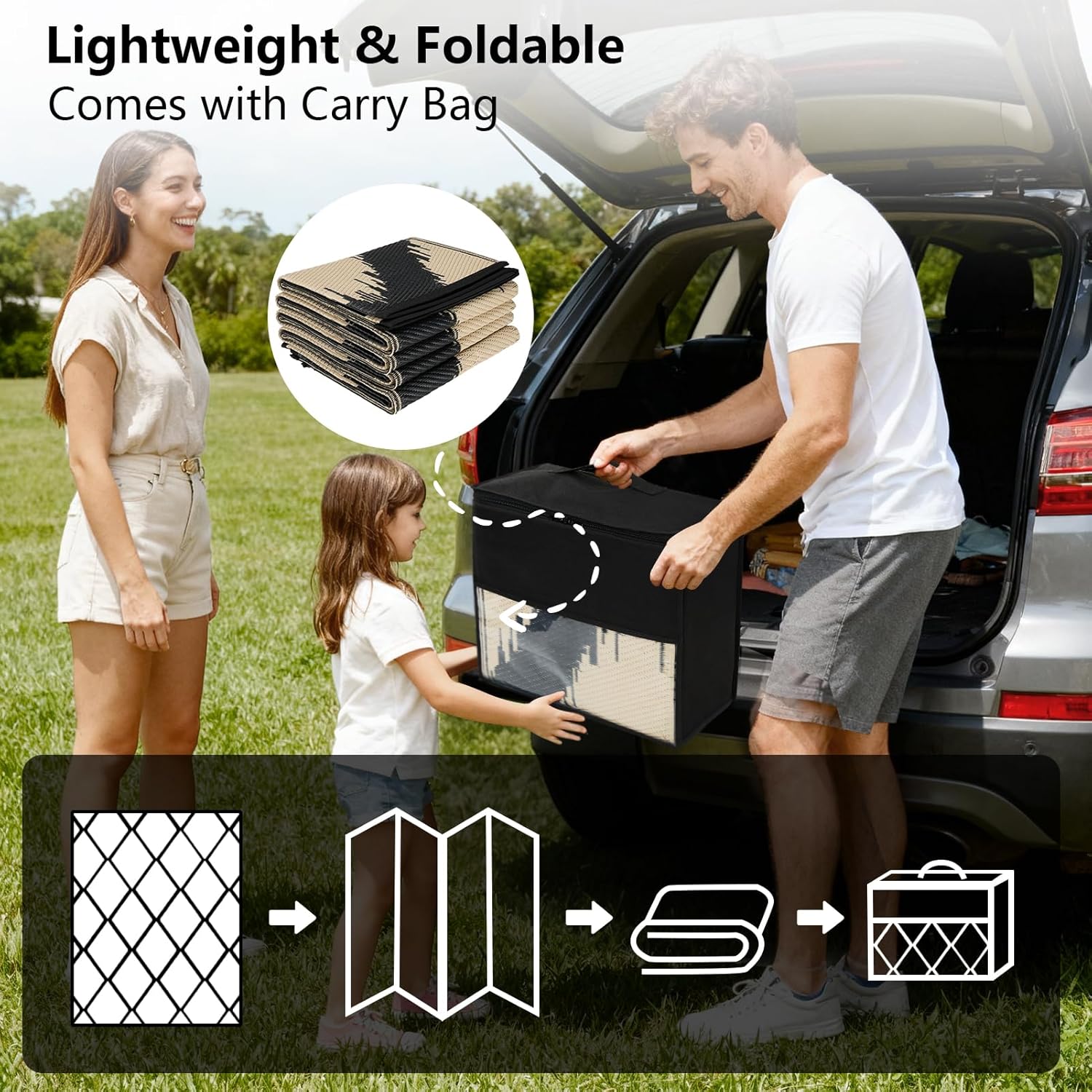 COOLTOP 9'x12’ Outdoor Rug for Patios Porches, Waterproof Plastic Camping Rugs, Modern Reversible Mat, Large Area Rugs for Backyard, Deck, RV, Balcony, Picnic, Beach, Black & Beige