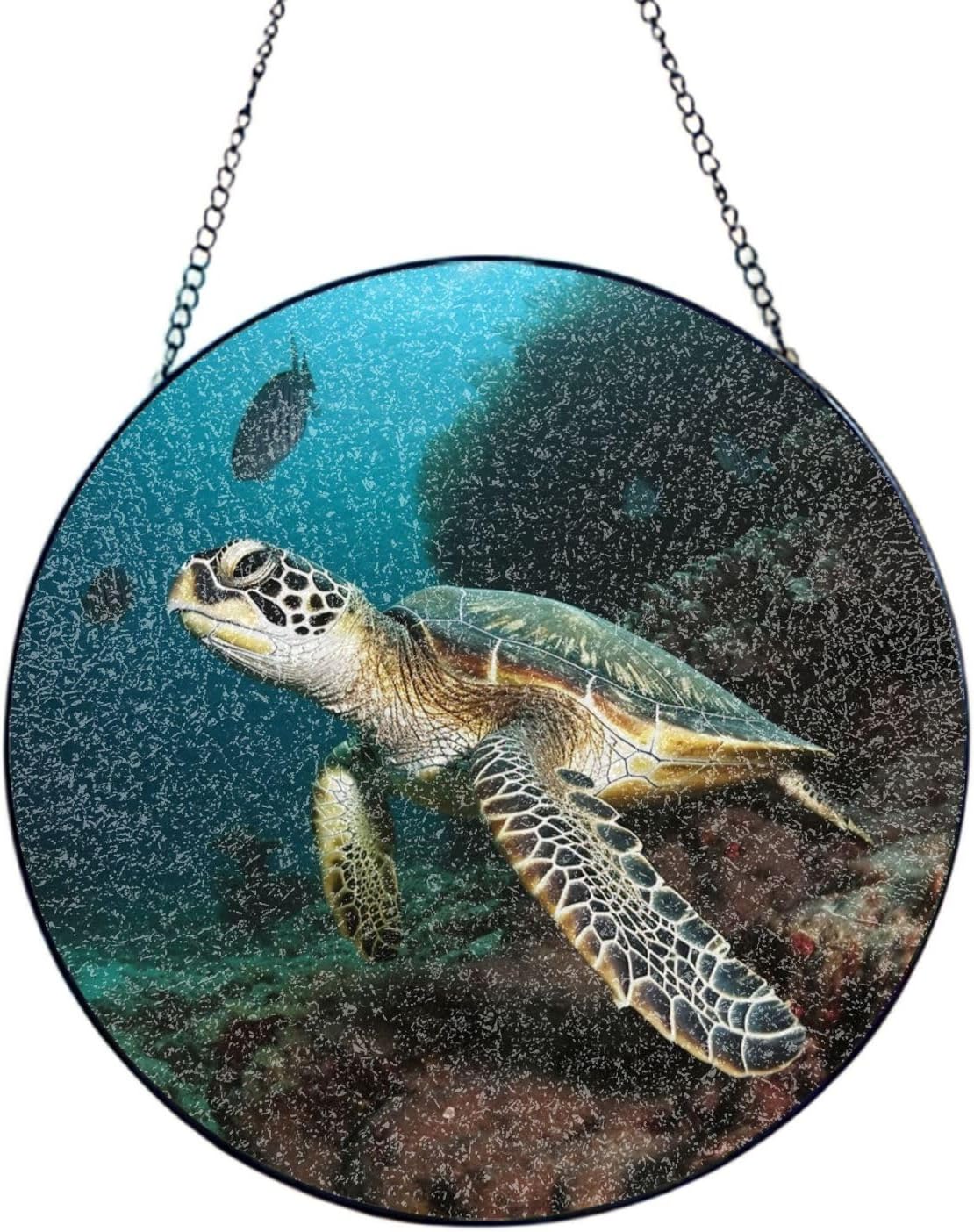 Stained Glass Window Hanging 6in（15cm）, Sea Turtle Glass Suncatcher for Home Decor, Indoor Wall Art Glass Panel with Metal Chain and Hooks, Sun Catcher Ornament Birthday Gifts
