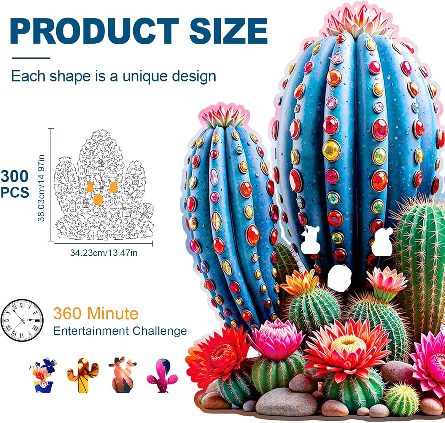 Wooden Puzzles for Adults, Cactus Gemstones 300 Piece Unique Shaped Wood Puzzle, Creative Wooden Jigsaw Puzzle Gift, Family Game, Wall Art Decor