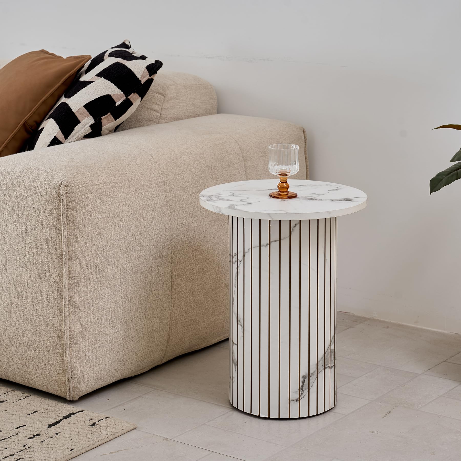 Ensemble de 2 Tables Basses Rondes Gigognes, Table Basse Moderne à Tambour Cannelé pour Salon, Chambre, Balcon et Bureau (Blanc (Grain de marbre))