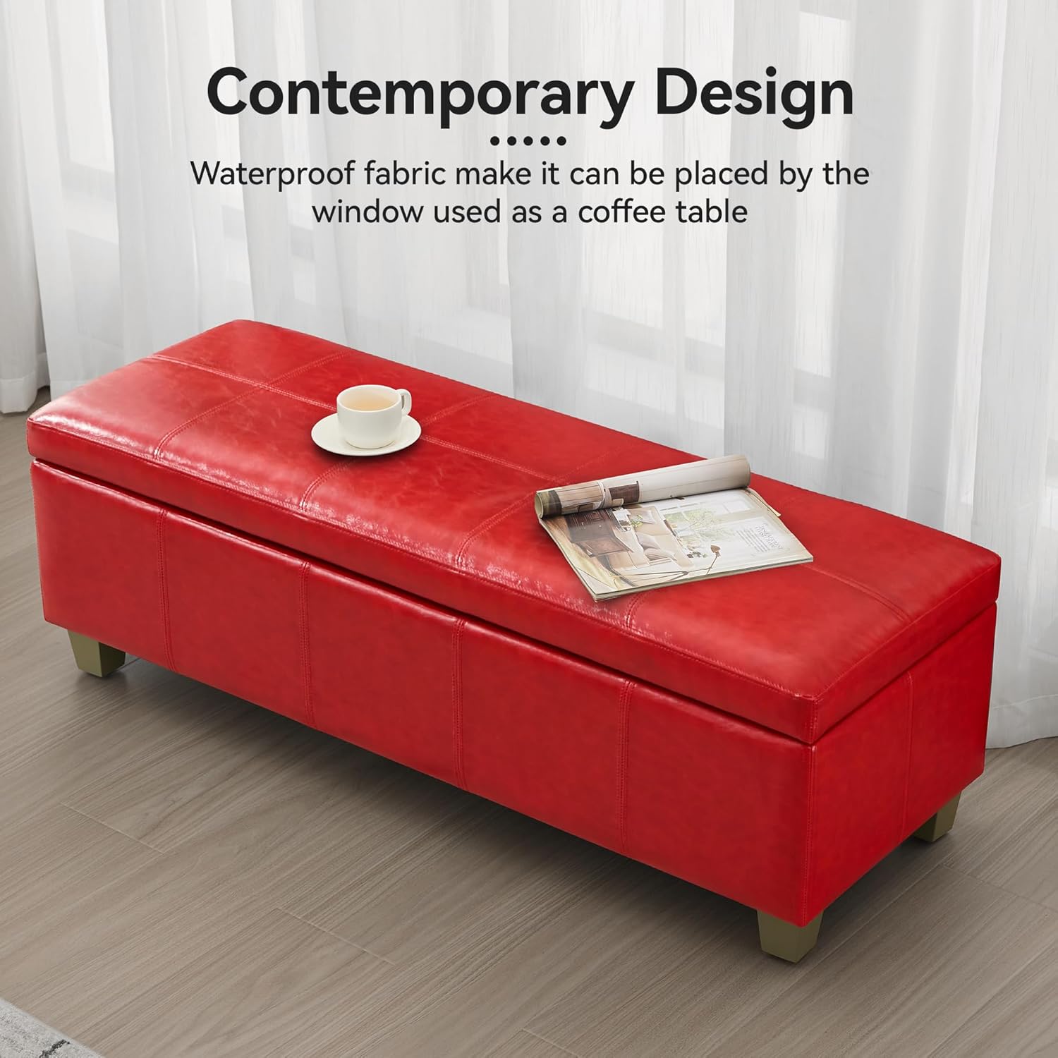 51" Faux Leather Storage Ottoman, Stitch Tufted Rectangle Upholstered End of Bed Storage Bench, Entryway Large Couch Ottoman with Wooden Legs,Red - Image 7