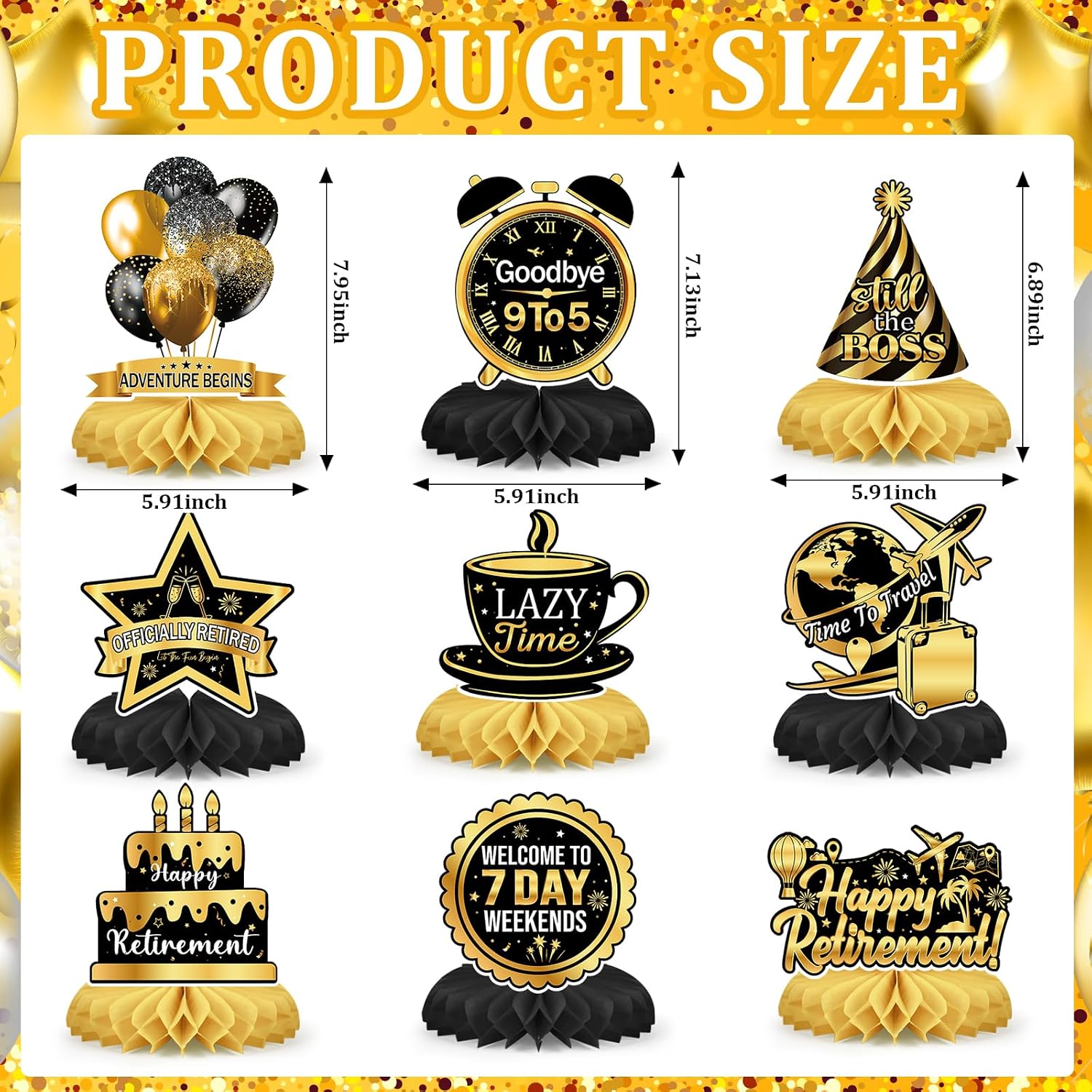 9 Pcs Retirement Party Decorations Honeycomb Centerpieces, Black Gold Happy Retirement Table Decorations, Funny Officially Retired Table Toppers for Men Women Party Supplies image 2