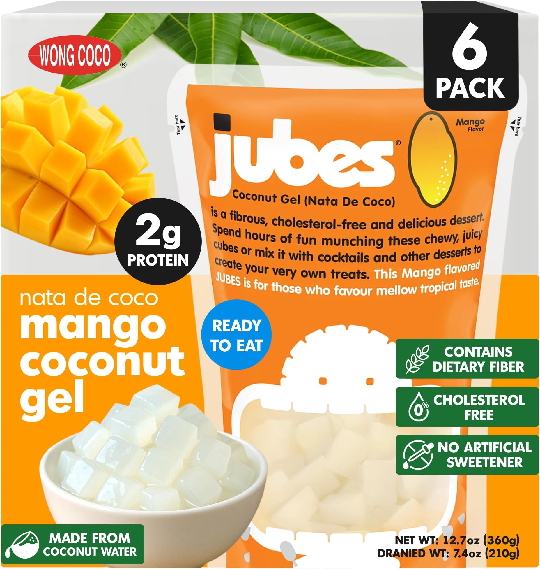 Jubes Mango Nata De Coco Jelly Cubes (12.7 oz, Pack of 6) - Mango Coconut Jelly Cubes for Sago - Coconut Gel in Syrup Toppings for Fruit Tea, Boba, Bubble Tea, Drinks, Desserts Yogurt, Ice Cream, Beverage