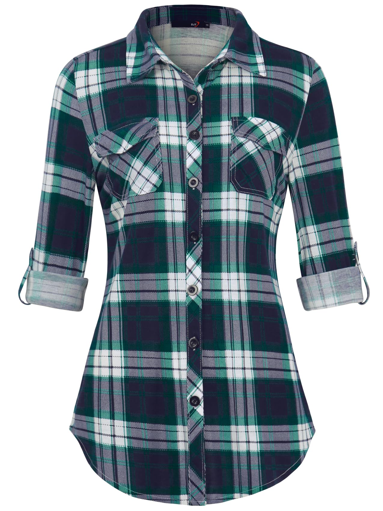 DJT Damen Weiches Gestrick Kariertes Blusen Langarm Oberteile Roll Up Ärmel Hemdbluse Button Down Tops