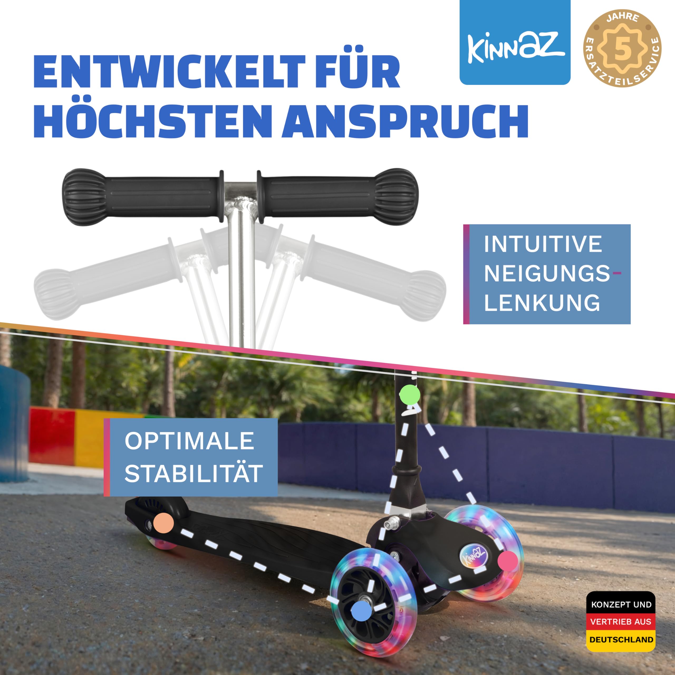 Kinderroller kinnaz ONE, LED Räder, Faltbar, Mitwachsend, 2-7 Jahre, Focus Empfehlung, Roller Kinder 2 Jahre, ab 3 Jahre, Tretroller, kein Wegwerfprodukt, über 100000 verkauft, aus Hamburg