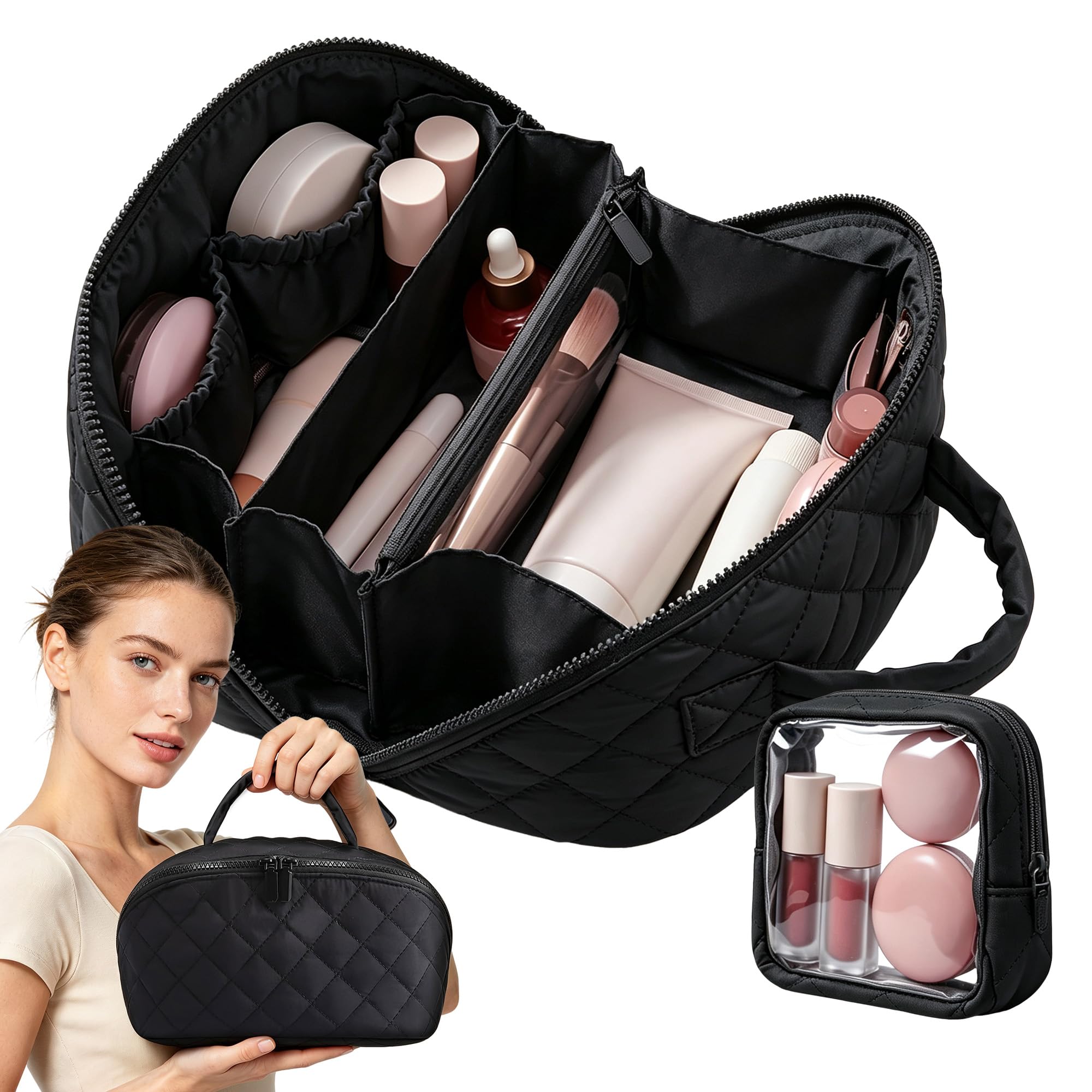 2 Piece Travel Makeup Bag Organizer for Women, Black Medium Set