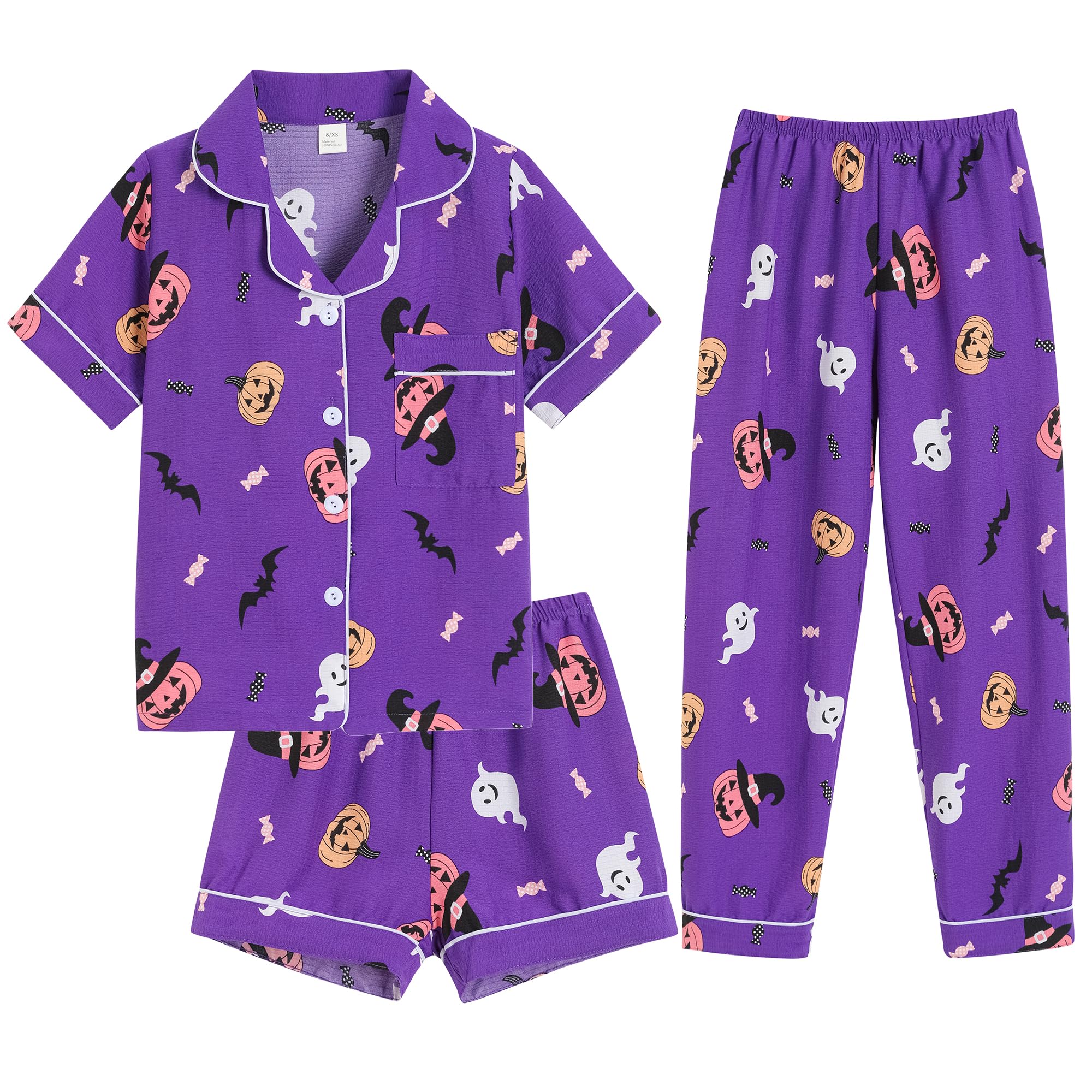 Hupohoi Big Girls Button Down Pajama Set 3pcs Crepe Fabric Sleepwear Nighty