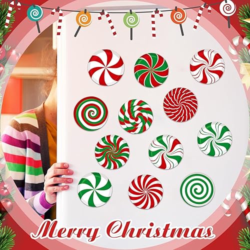 Miniatura 6 de 12 imanes de caramelo de Navidad de 4.7 pulgadas redondos de piruleta para refrigerador, calcomanías magnéticas de caramelo de menta, calcomanías