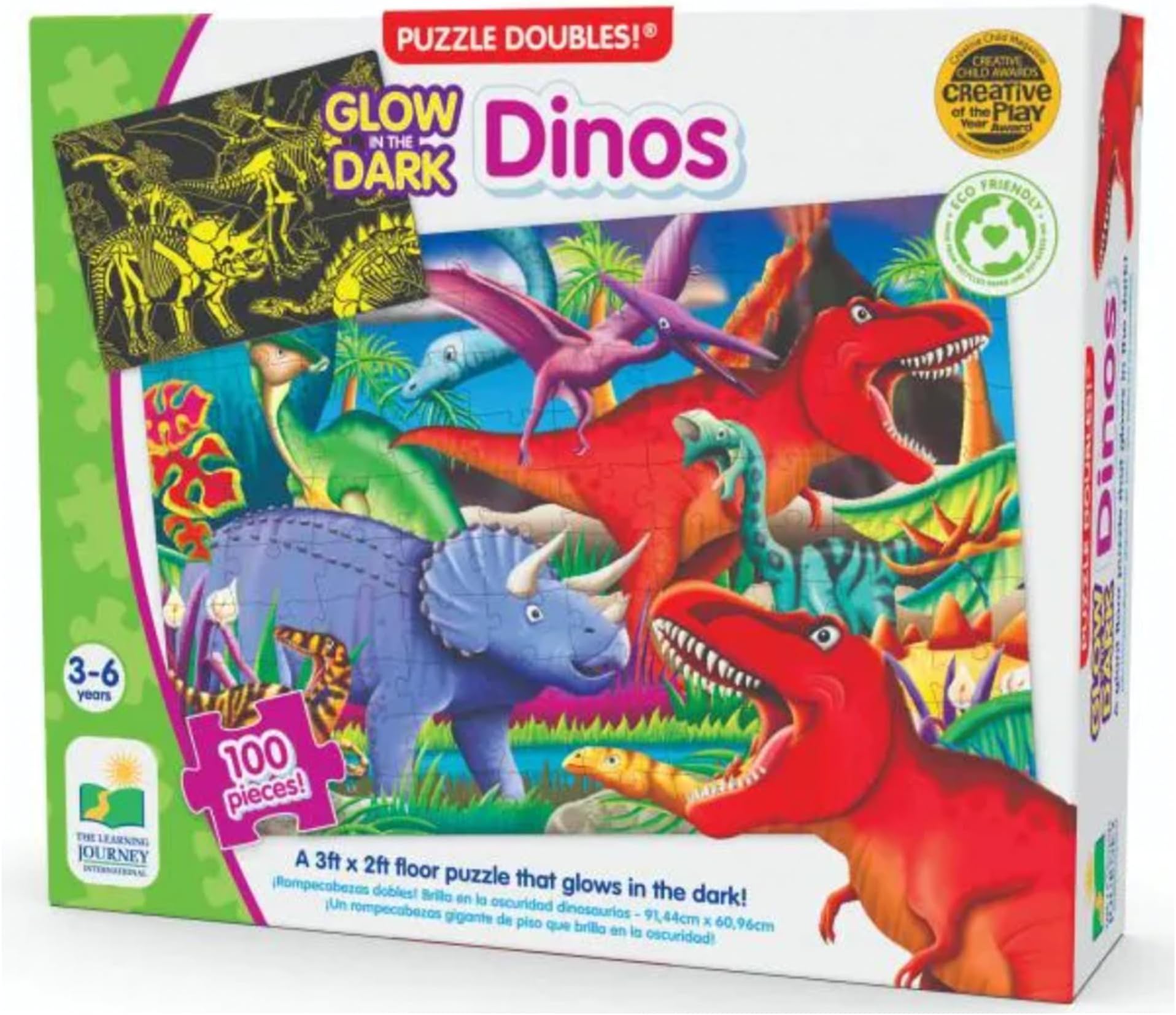 The Learning Journey Puzzle Doubles Glow in the Dark - Dinos - 100 Piece Glow in the Dark Preschool Puzzle (3 x 2 feet) - Educational Gifts for Boys & Girls Ages 3 and Up (787533)