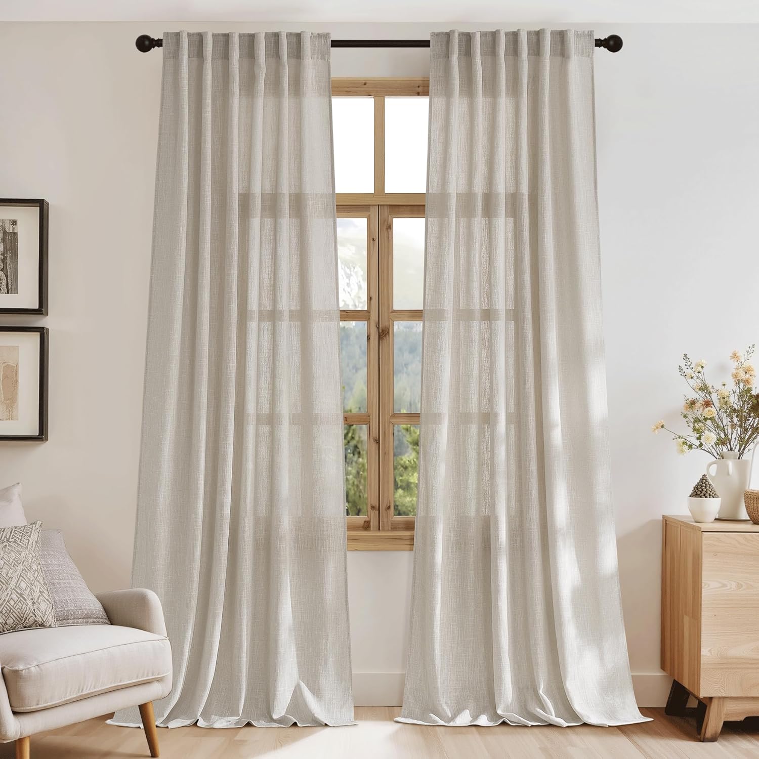 RYB HOME Linen Curtains 84 inch Length 2 Panels, Non See Through Linen-Look Elegant Drapes Privacy Protection Window Treatments for Living Room, Bedroom, Office, Nursery, Taupe, W 52" X L 84"