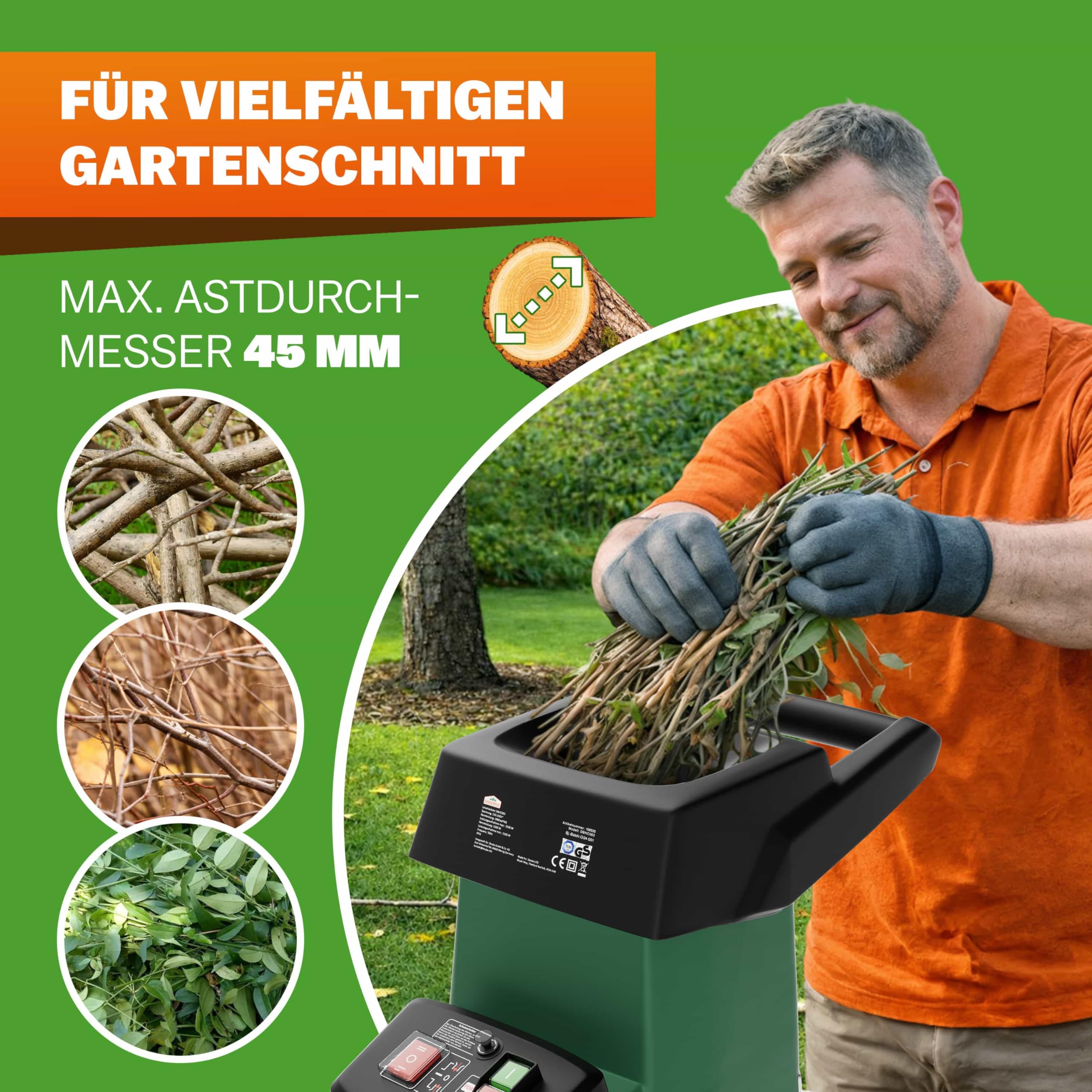 GARDEBRUK Leisehäcksler 3100 W 45 mm Aststärke Elektrisch 60 L Auffangbox Walzenhäcksler
