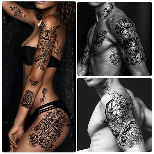 Miniatura 4 de Metuu 49 hojas negras de medio brazo floral impermeable tatuaje temporal para hombres y mujeres flores 3D peonía rosa mariposa tigre serpiente