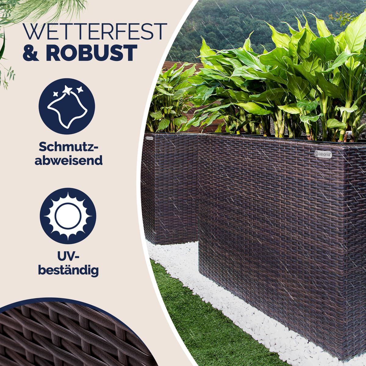 Casaria® Macetero Exterior con 3 Macetas Internas Extraíbles Jardinera Poliratán con Drenaje de Agua 83x30,5x60cm Marrón