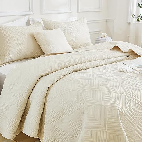 Miniatura 2 de Andency Juego de edredón de 3 piezas tamaño California King, color beige, ropa de cama de verano suave y ligera, con patrón geométrico clásico color
