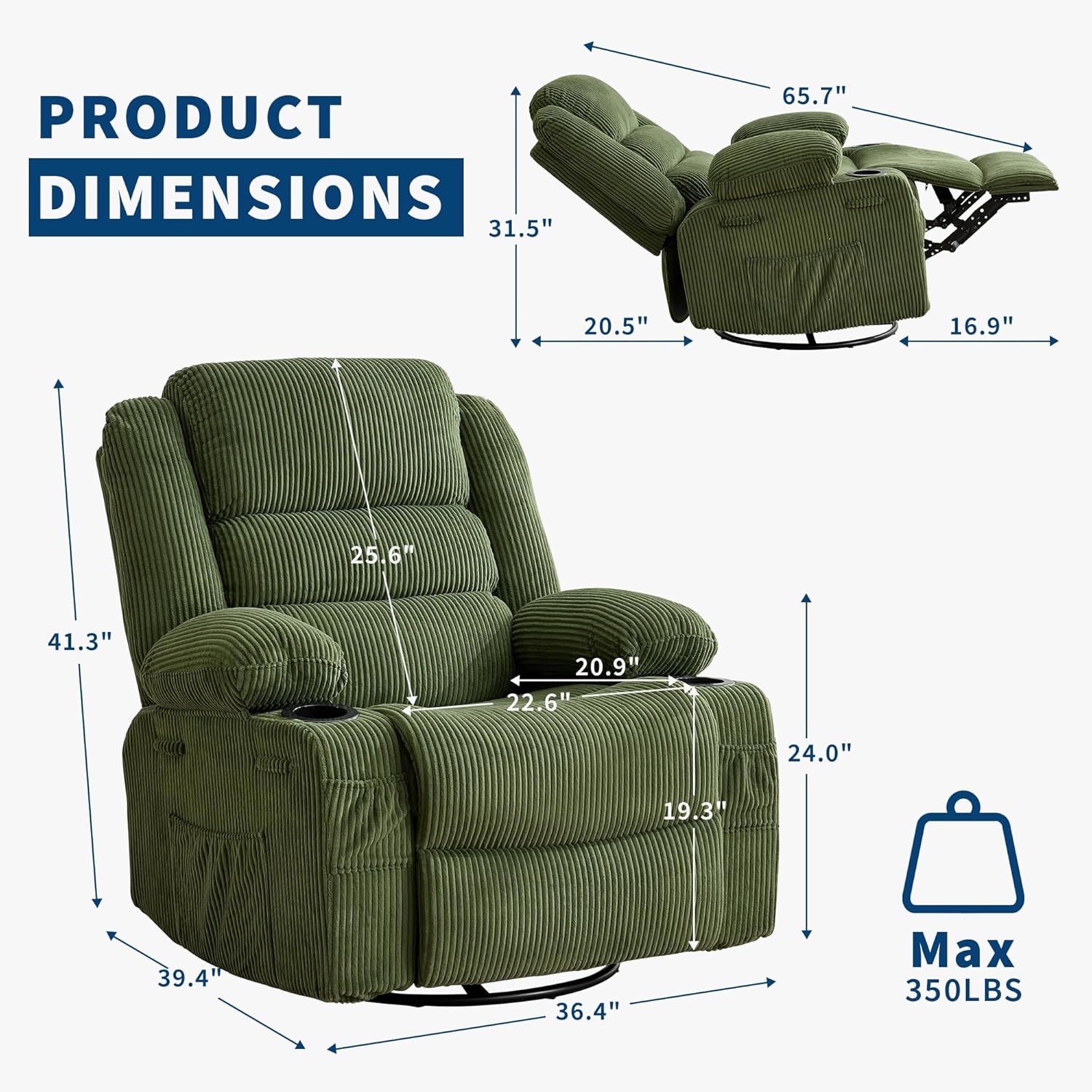 Rocking Recliner Chair for Adults Wide 360° Swivel Rocker Recliner with Cup Holder Nursery Glider with Upholstered Deep Seat Corduroy Lazy boy Chair for Living Room Green