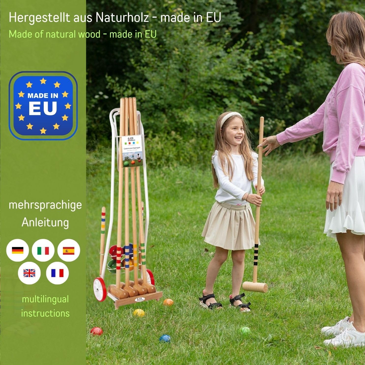 GICO Hochwertiges Krocketspiel ais Massivholz im Transportwagen aus Metall für 4 Spieler, 4 Schläger 100 cm für Erwachsene – EU Produkt – 3124