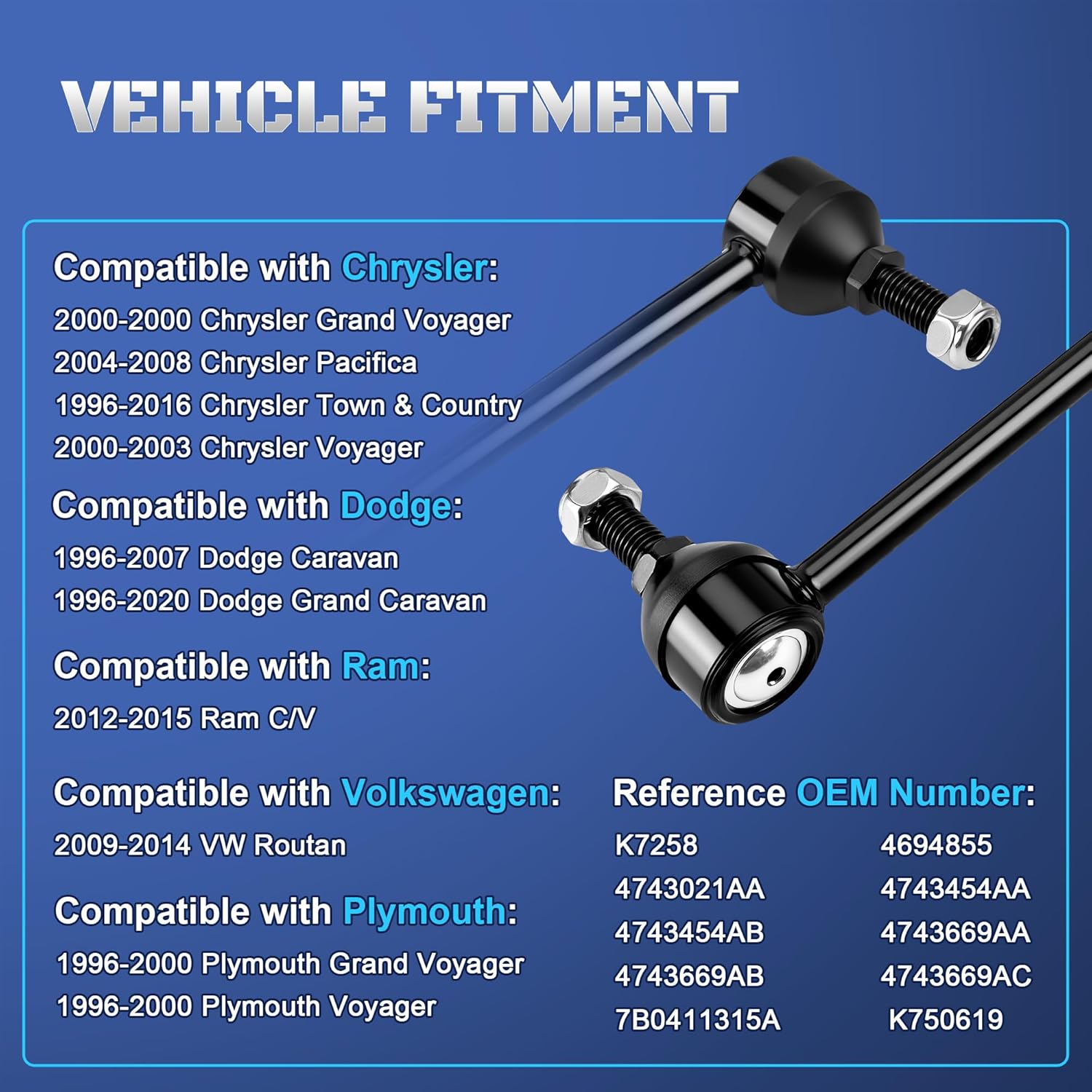 K7258 Front Stabilizer Sway Bar End Links Compatible with 1996-2020 Dodge Grand Caravan & Chrysler Town and Country 2002 2003 2004 2005 2006 2007 2008 2009 2010 2011 2012 2013 2014 2015 2016, Set of 2