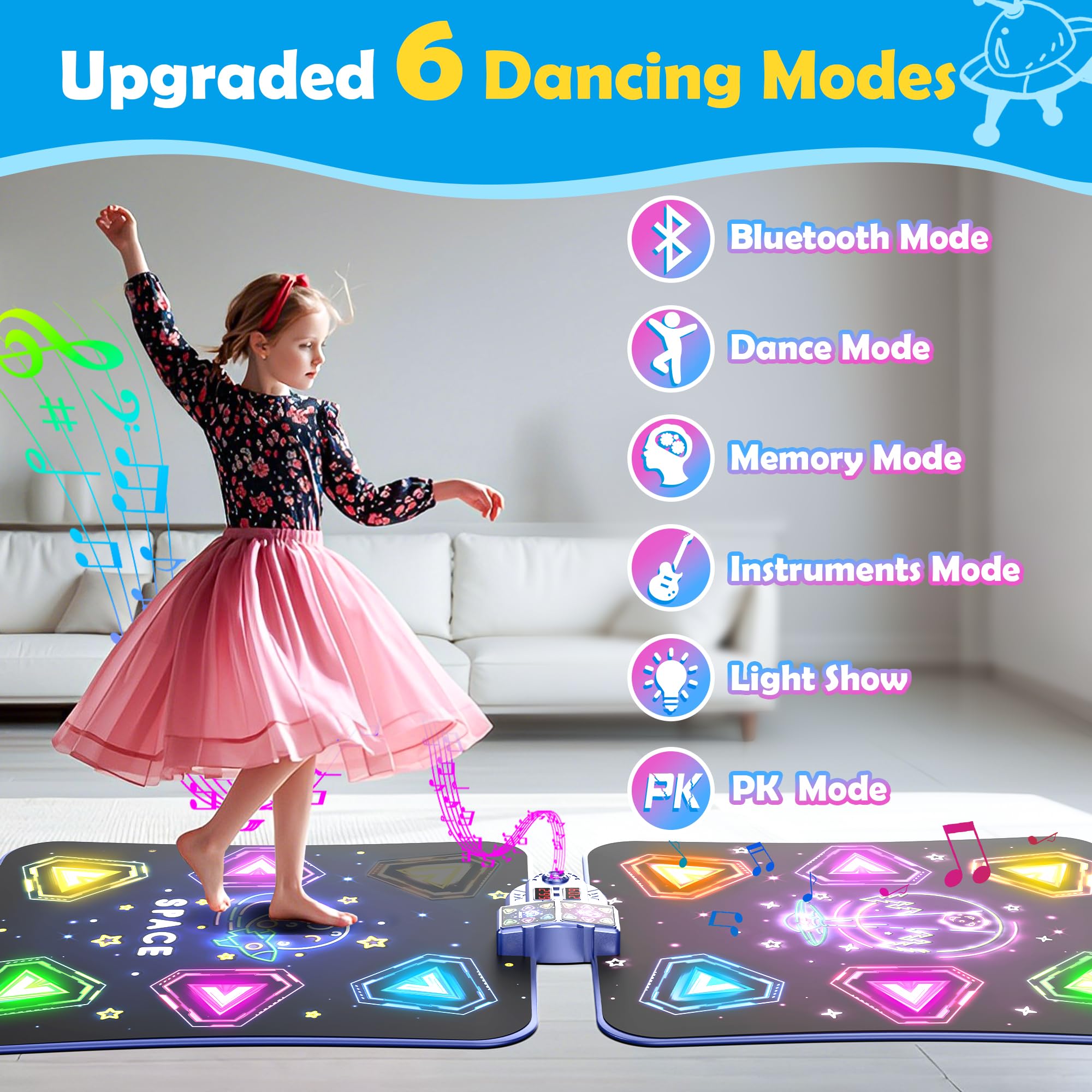 Alfombrillas de baile electrónicas dobles grandes, almohadilla de baile con luz LED y Bluetooth inalámbrico, juguete de baile musical con 6 modos de juego, juego de desafío para jugadores individuales 3