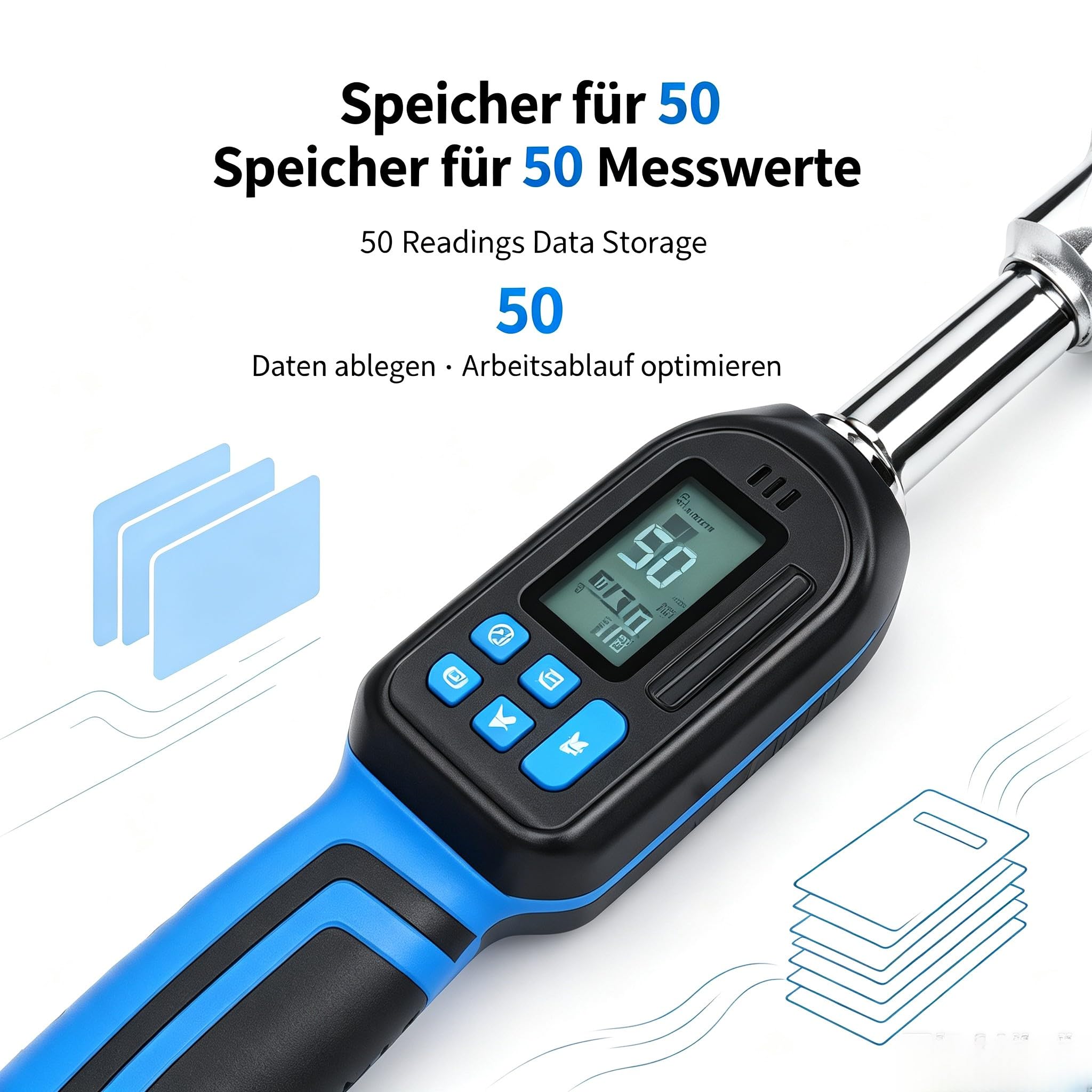 Llave dinamométrica digital de 6,8-135 Nm con cabeza de trinquete, ajustable, de acero cromo-vanadio, señal LED y acústica, memoria para 50 valores, precisión de ±2%, para automóvil e industria