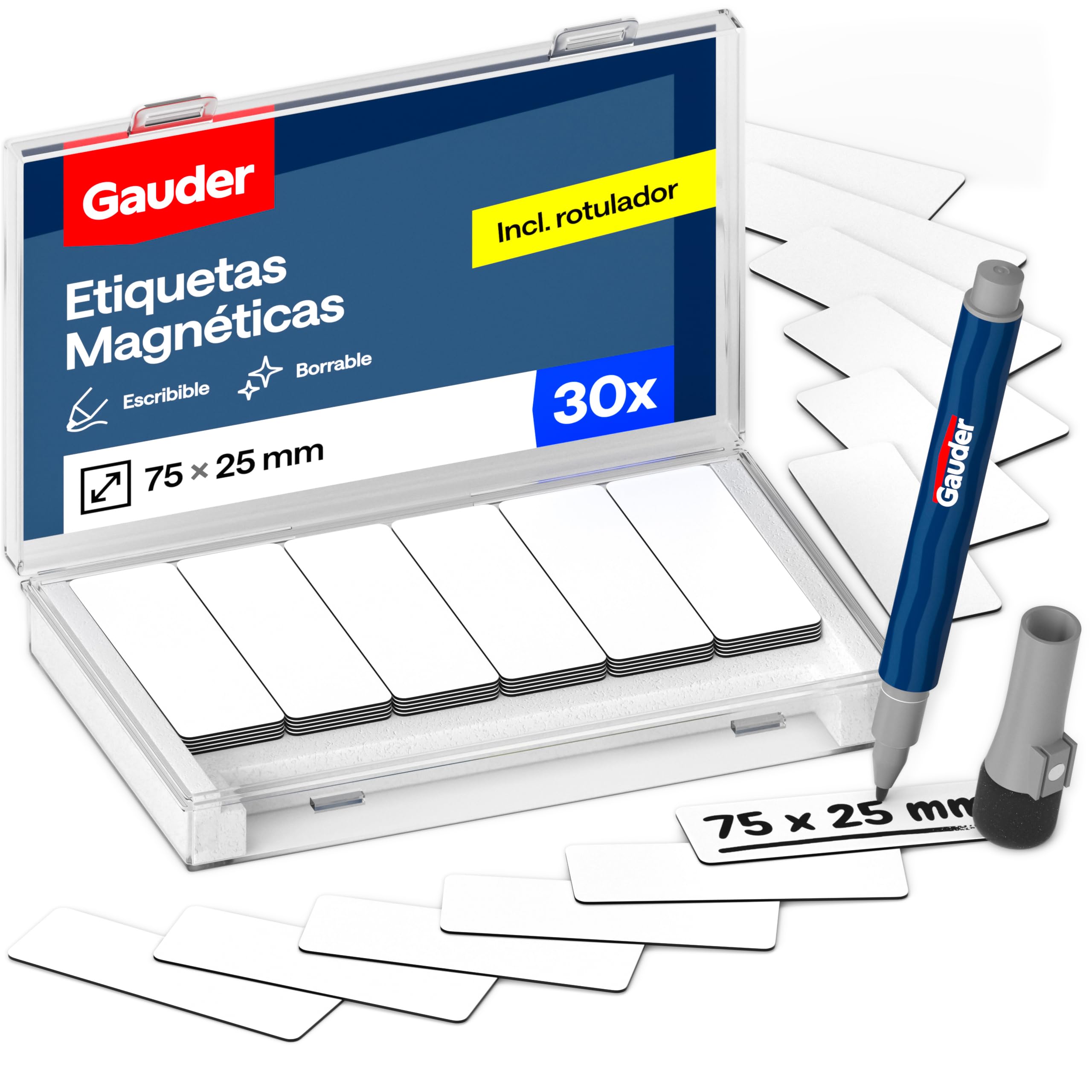 GAUDER Etiquetas Magnéticas Reutilizables - Imanes para Escribir para Pizarra Blanca, Tablero Kanban, Nevera y más - Tarjetas Magnéticas con Rotulador (30 Unidades - 75 x 25 mm)
