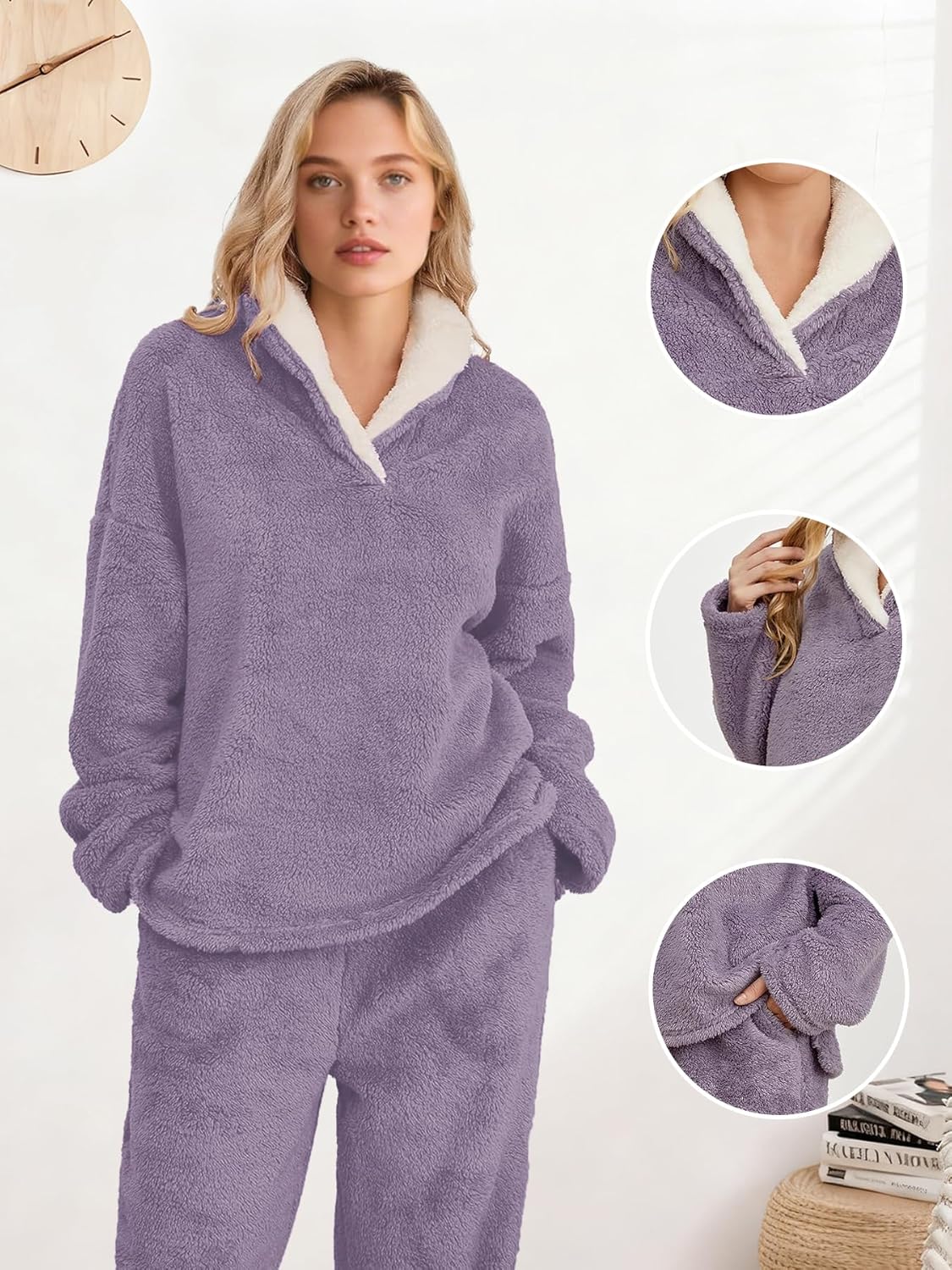 Muchpow Womens Fluffy Pajamas Set Winter Warm Fleece Oversized Pullover Fuzzy Pants Sets Plush Loungewear 2 Piece Pjs - Image 4