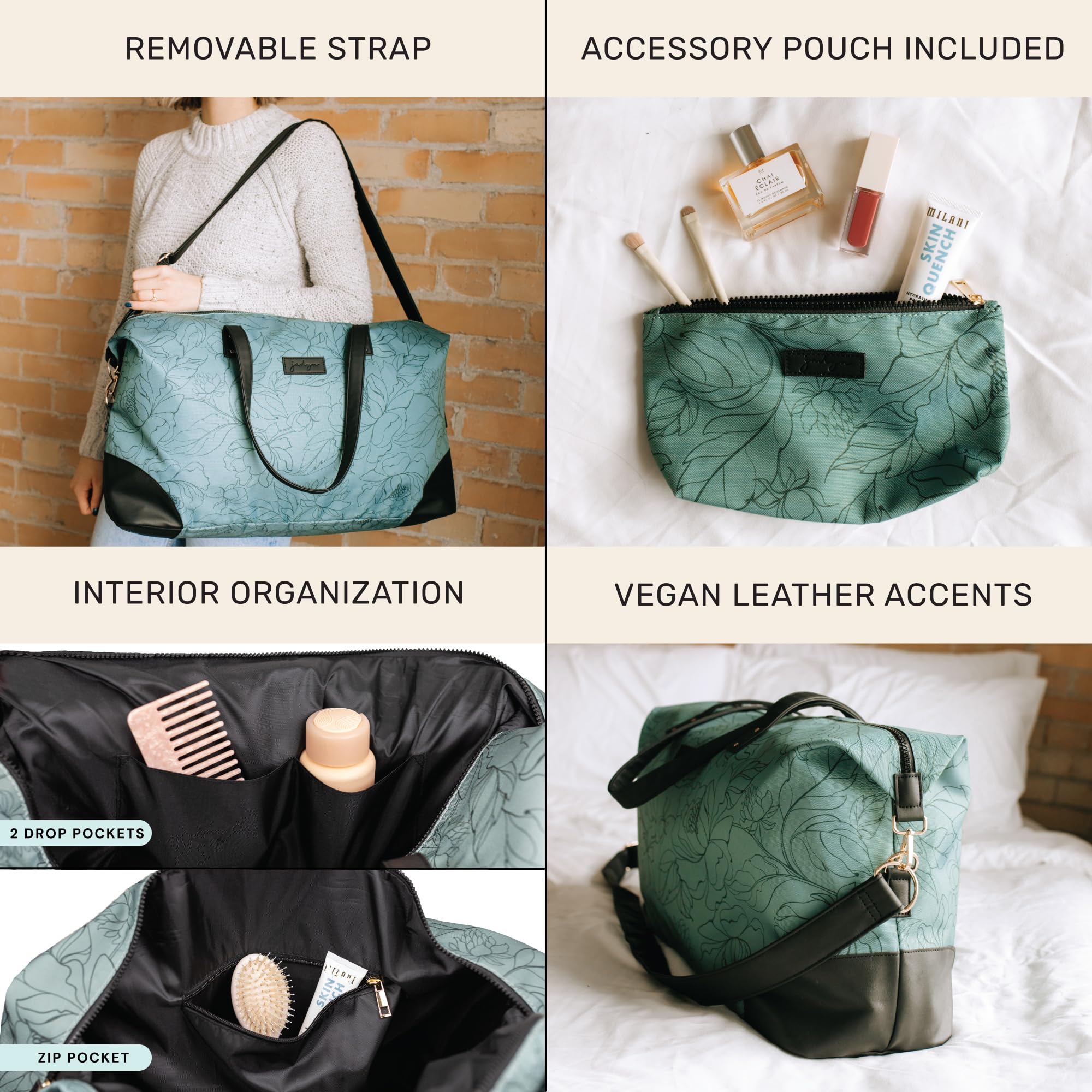 Jadyn B Luna Duffel torba podróżna lub sportowa, 54 cm - 37 l, w zestawie kosmetyczka na zamek błyskawiczny, Flora szałwii, Miękka torba sportowa z wegańskimi skórzanymi akcentami