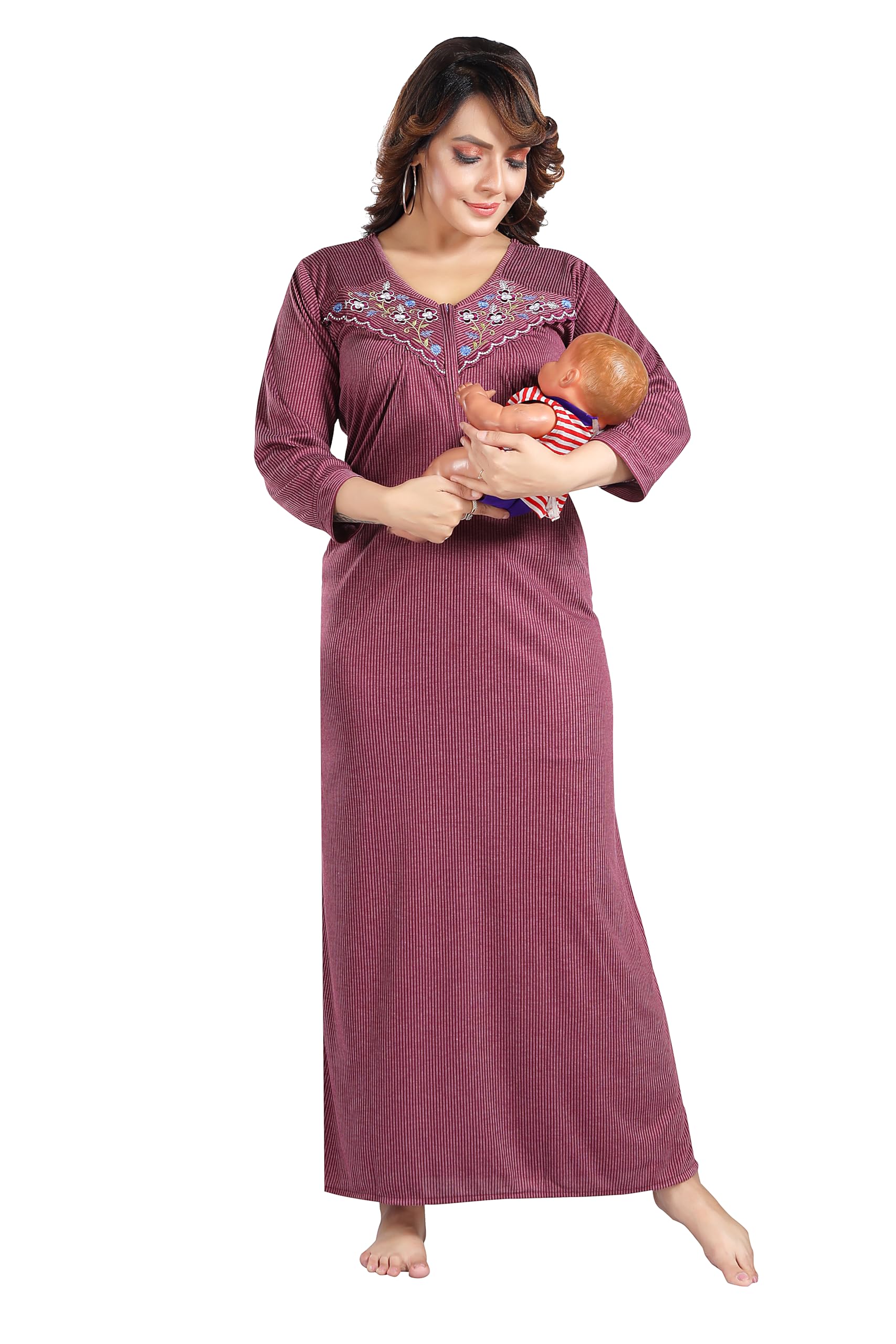 Women's- Full Sleeves-Feeding- Nursing- Maternity Nighty/Maxi/Gown/Nightdress/Nightwear- Hosiery Cotton Fabric- Floral Print- Embroidery with Zip-image-37