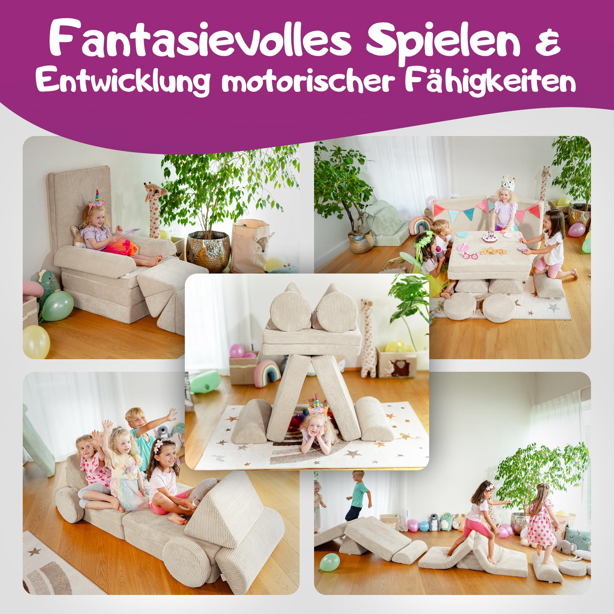 Linodino® Spielsofa Cord Fantasiewelt, Kindersofa-Bausteine - Stapelsteine für Kinder - Kindercouch, Sofa-Kuschelecke | Schaumstoff-Softbausteine | Oeko-TEX 100 Zertifiziert | Elfenzauber Beige