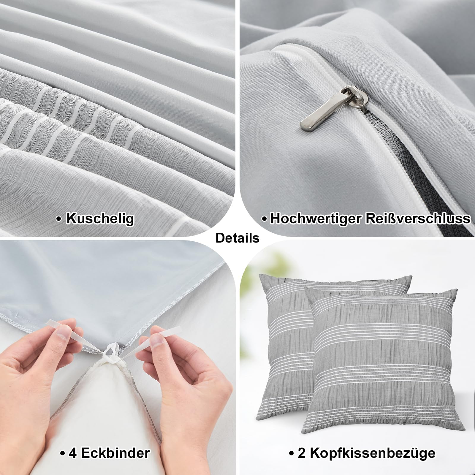 Qucover Bettwäsche 155x220cm,Seersucker Bettwäsche 4teilig Grau Mikrofaser | Bettwäsche-Sets, 2 Bettbezüge 155x220 cm + 2 Kissenbezüge 80X80 cm, Bügelfrei Kuschel Bettwäsche mit Reißverschluss