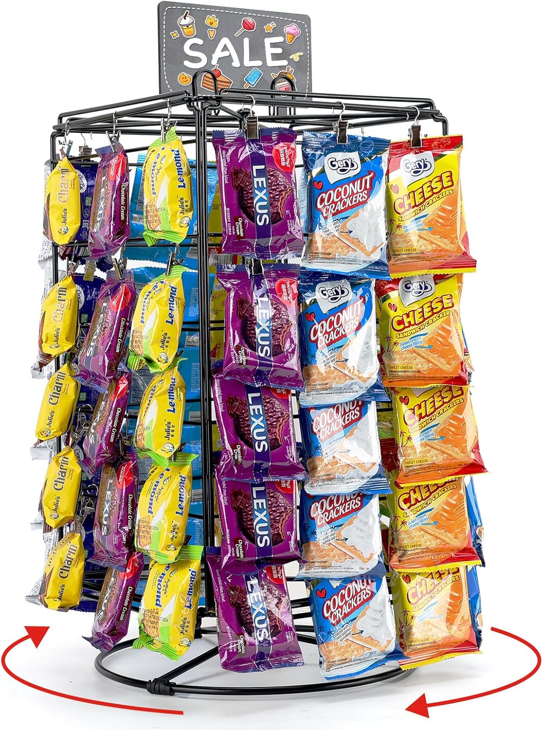Chip Rack Display Stand, 5 Tiers 60 Clips Snack Retail Display Rack, 360° Rotation Snack Bar Station for Concession Stand, Snack Organizer, Candy Display, Chip Holder for Party, Countertop