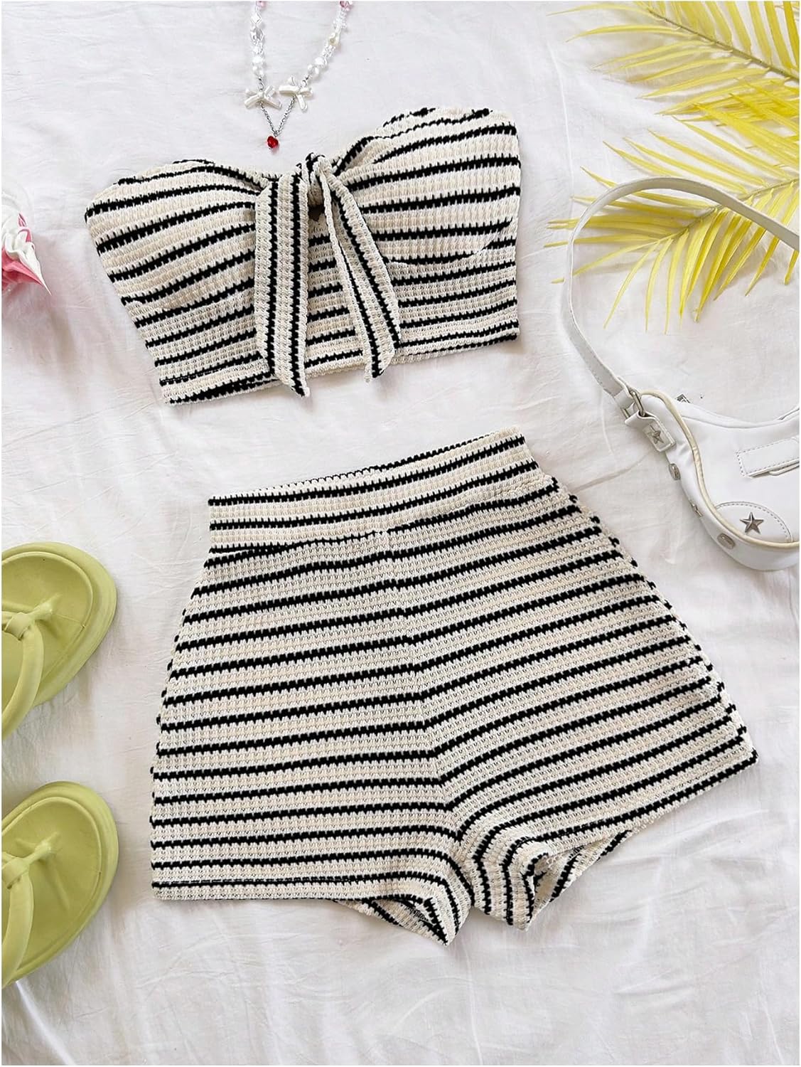 MakeMeChic Women's Summer 2 Piece Sets Striped Strapless Bandeau Tube Crop Top Mini Shorts Set Beach Vacation Outfits - Image 6