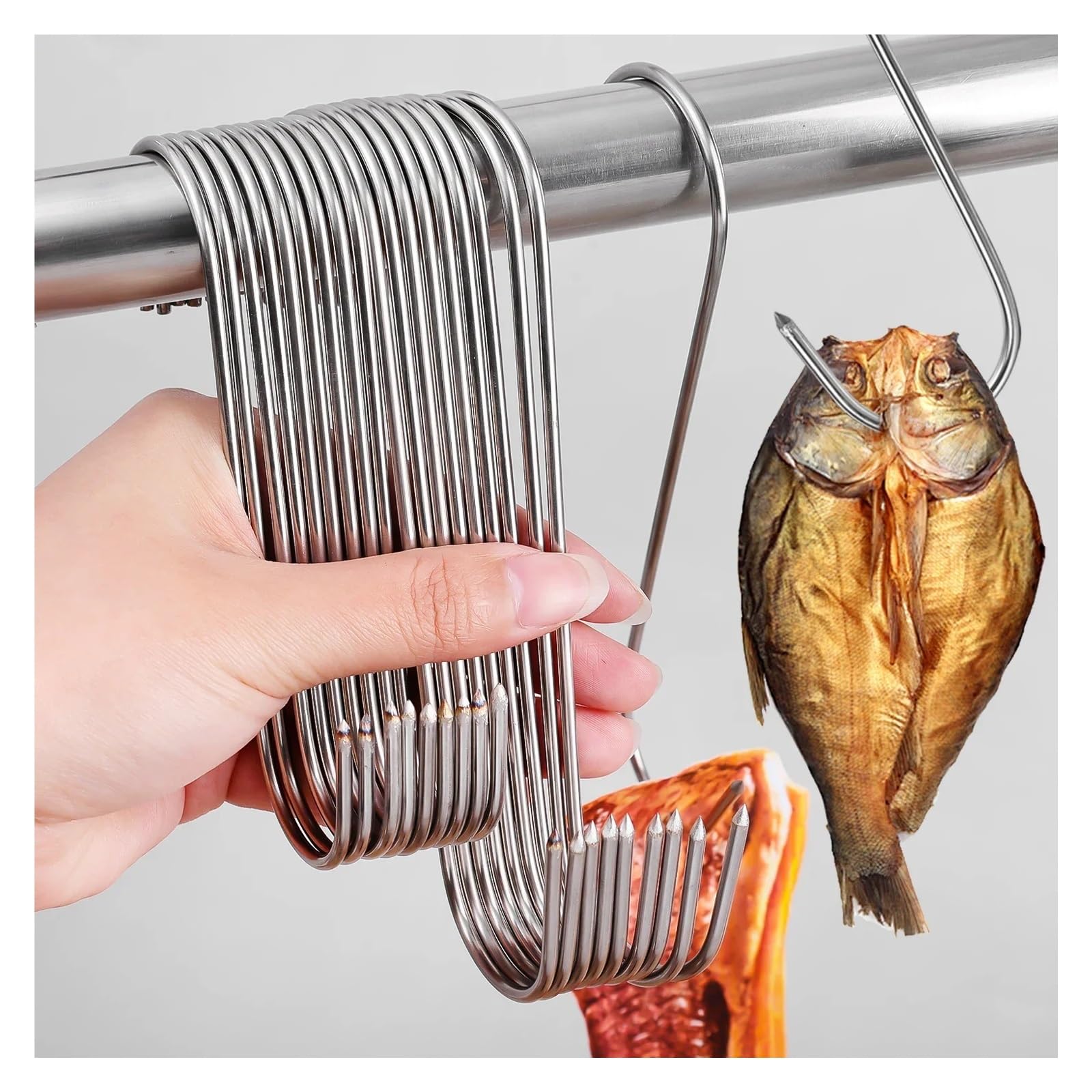 50 ganchos de acero inoxidable con punta afilada for colgar carne, ideal for carnicería, cocina, barbacoa, salchichas, tocino, jamones, ahumadores, patos. Para Carnes(15cm)
