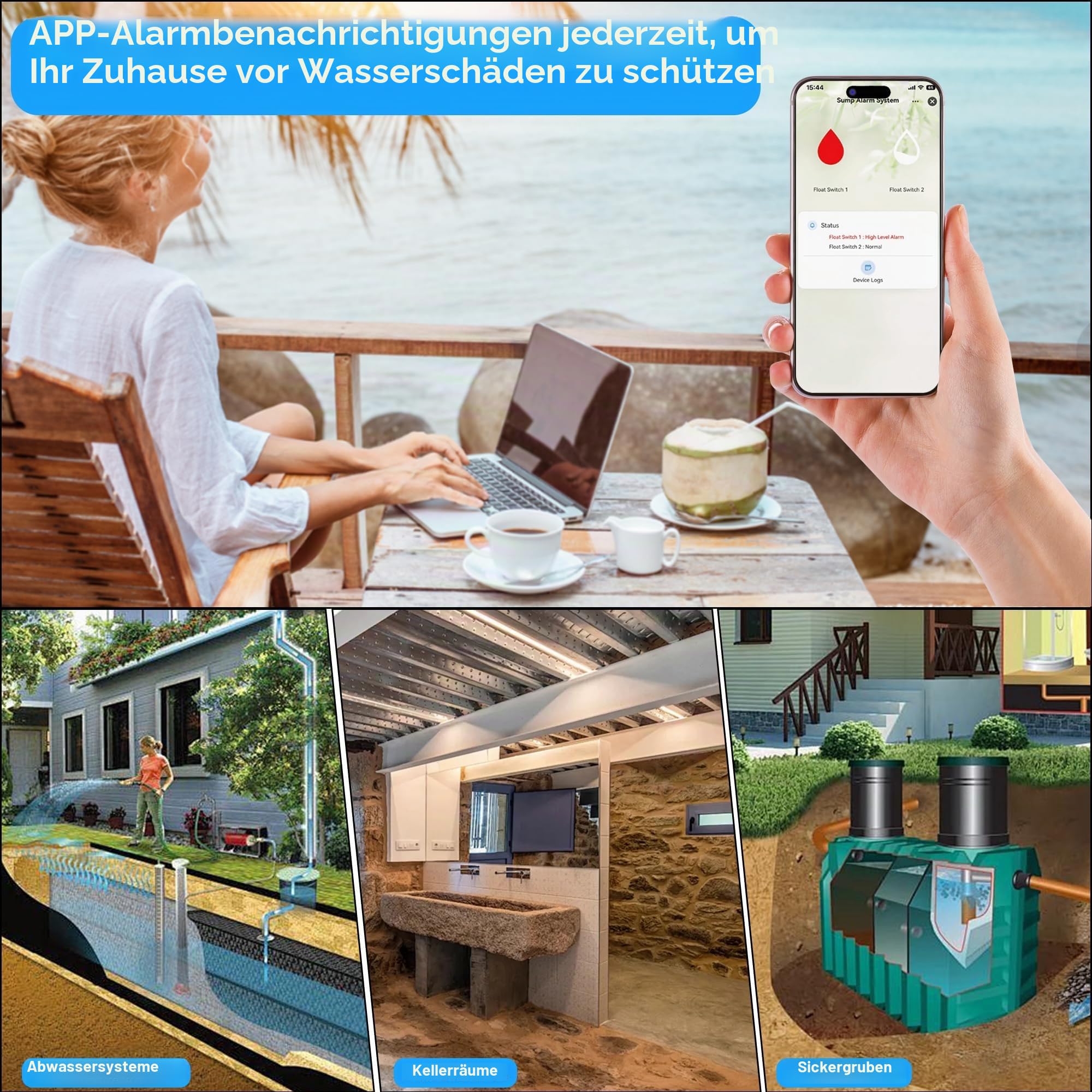 LUCKYDUO Z7PRO WiFi Wassermelder, Backup Batterie, Hoch/Niedrig, 110dB | Wassermelder mit App-Alarm, 110dB Sirene, LED, Notakku, IP65 wasserdicht, 3m Schwimmer, Keller Klärgrube Zisterne
