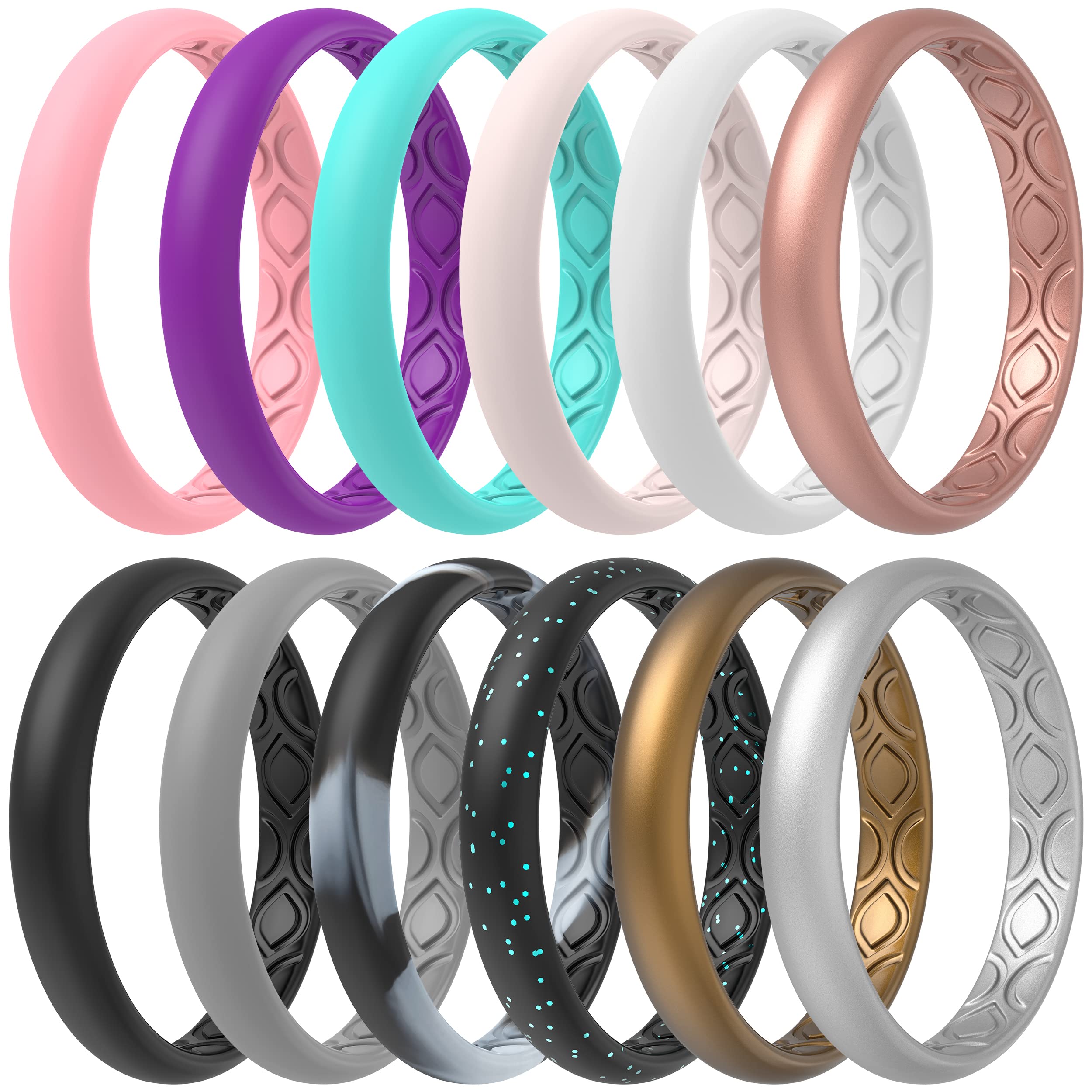ThunderFit Silicone Wedding Rings for Women, Breathable Air Grooves Engagement Bands 3mm Wide 1.5mm Thick - 1/4/8/12 Variety Multipack