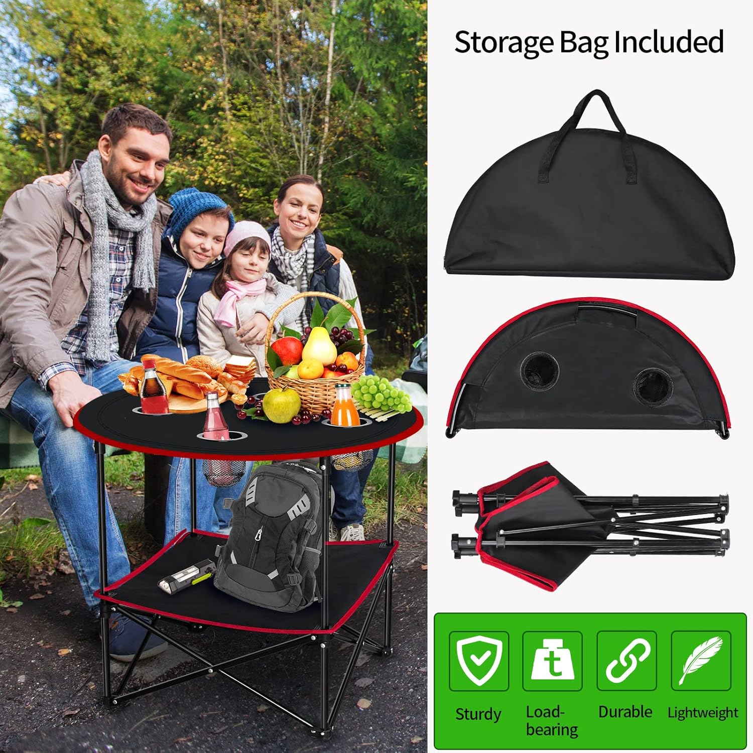 Folding Camping Table,Portable Picnic Table with 4 Drink Cup Holders & Carrying Bags,Lightweight Collapsible Beach Table,Canvas Patio Table Outdoor,Small Folding Table for BBQ,Garden,Travel(Red)