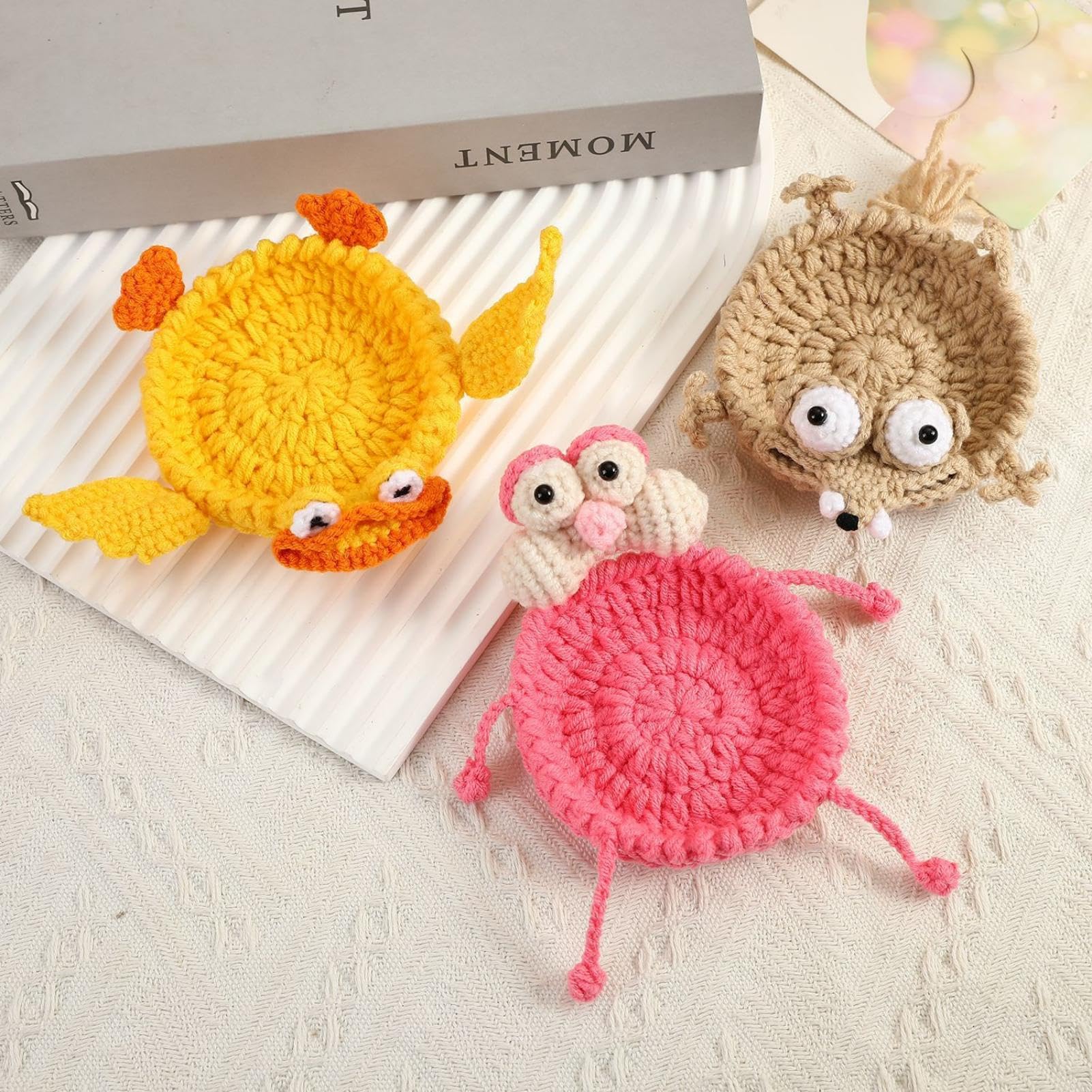 Funny Crochet Coaster, Crochet Critter Mat Coaster, Cute Handmade Drink Coasters, Woven Table Protection Cup Mat for Coffee Table Desk Decor, Unique Gift for Coffee & Animal Lovers (3Pcs)
