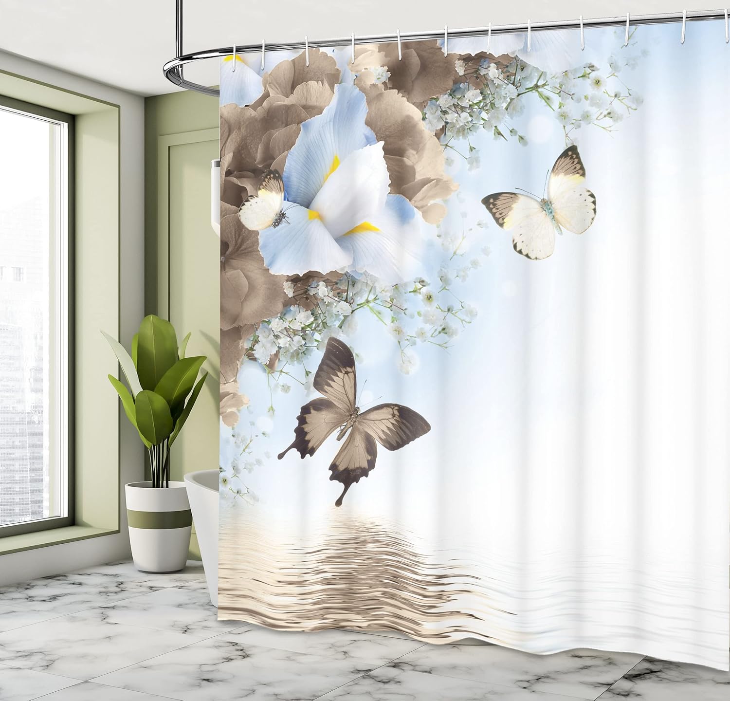 Ambesonne Floral Shower Curtain, Nature Theme Wild Flowers Monarch Flying Butterflies Lily on Lake Therapy Spa, Cloth Fabric Bathroom Decor Set with Hooks, 69" W x 70" L, Cocoa Yellow