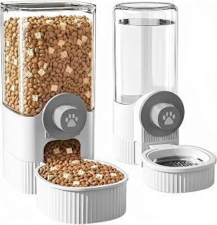 Automatic Rabbit Feeder and Water Dispenser Set,40oz Gravity Food Feeder&17oz Leak-Proof Water Bottle for Guinea Pigs,Hamsters,Chinchillas,Ferrets,Small Animals,Cage Mount Feeding Station white